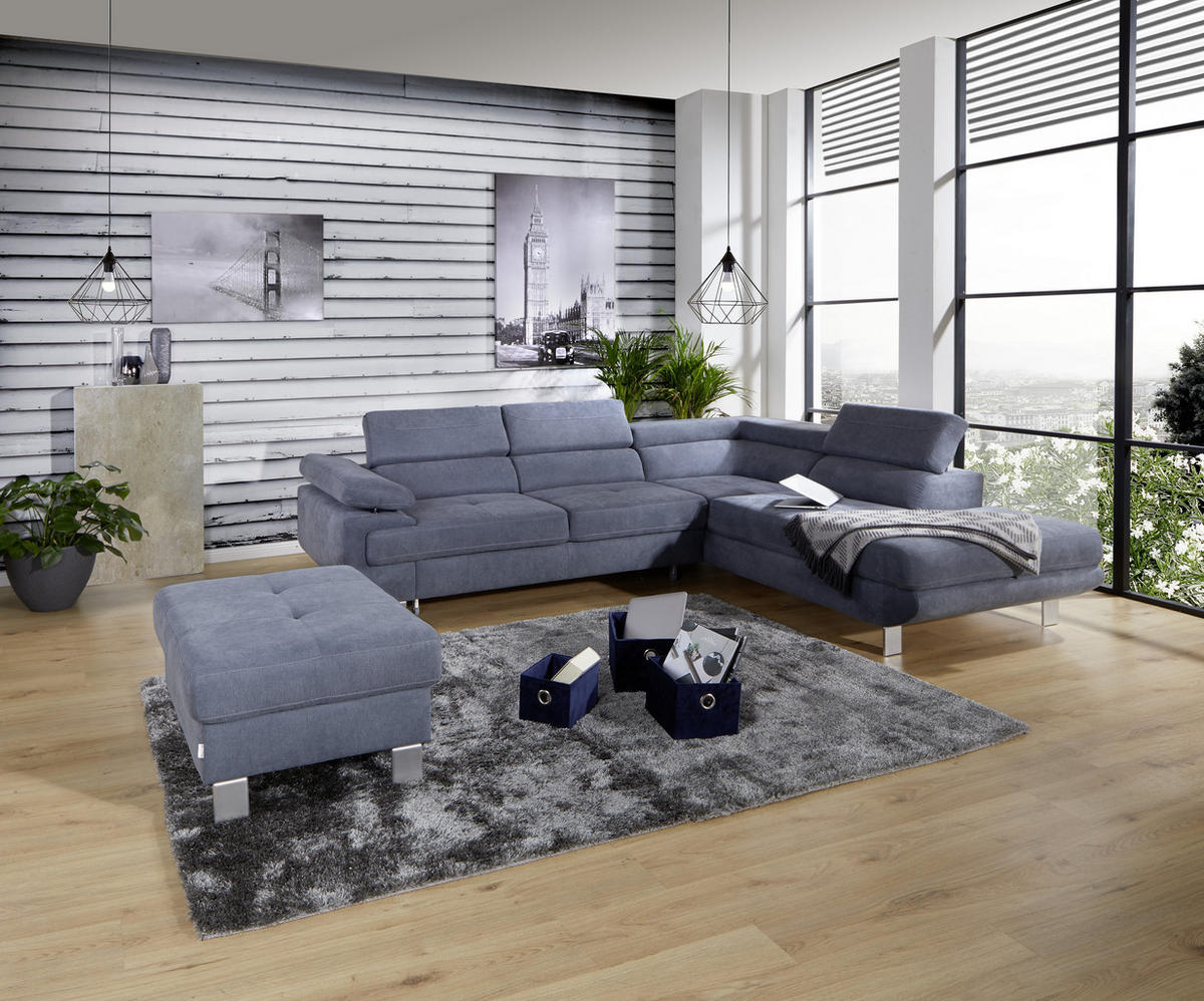 HÖRNSOFFA i dräll blågrå  - blågrå, Modern, metall/textil (270/230cm) - Ondega