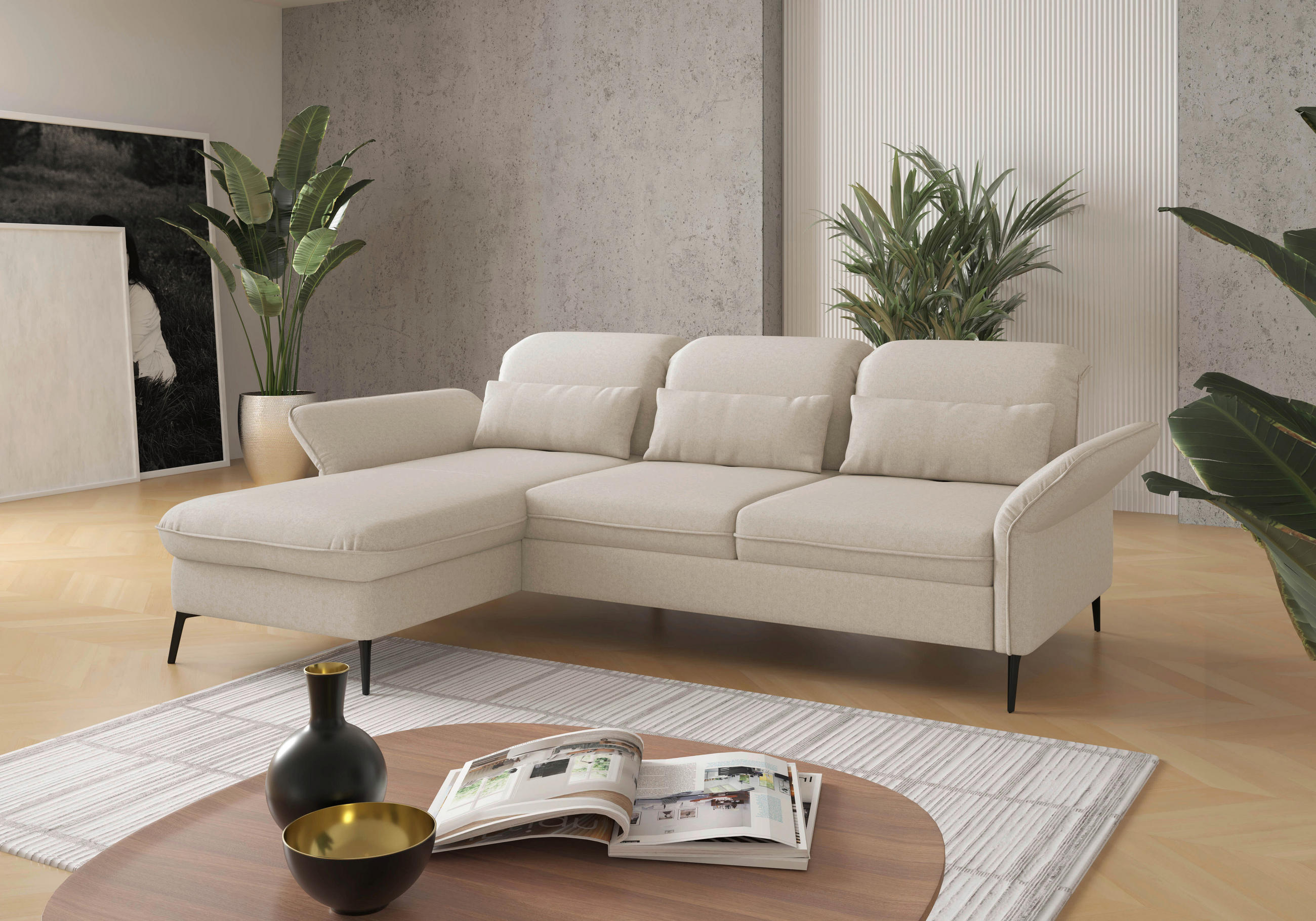 ECKSOFA in Flachgewebe Creme  - Creme/Schwarz, Konventionell, Textil/Metall (198/264cm) - Sit & More