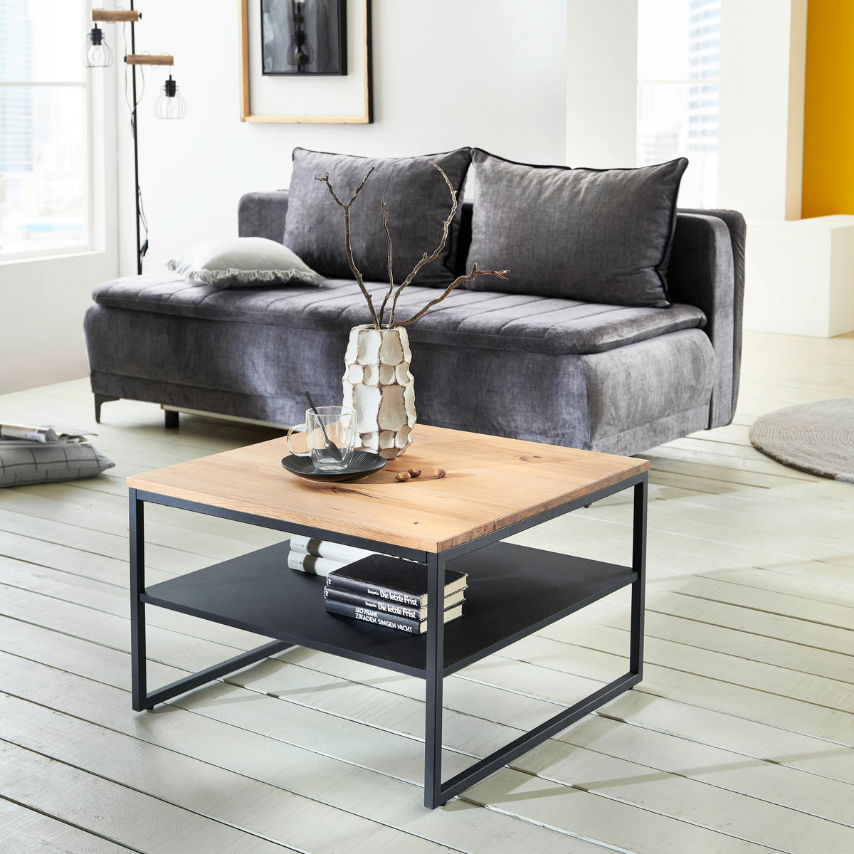 COUCHTISCH Eiche massiv quadratisch Naturfarben, Schwarz  - Schwarz/Naturfarben, MODERN, Holz/Holzwerkstoff (70/44/70cm) - Livetastic