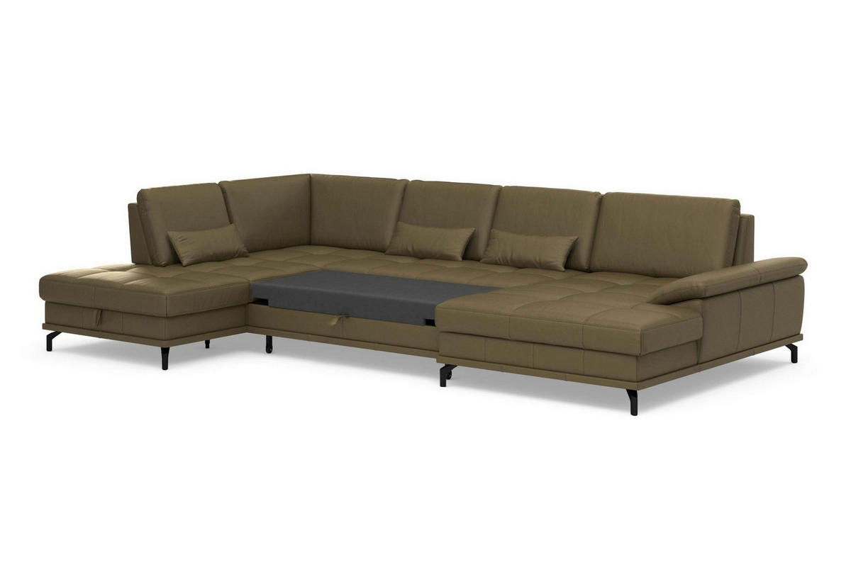 WOHNLANDSCHAFT COSTELLO E Olivgrün Kombination Echtleder/Stoff Mikrofaser  - Schwarz/Olivgrün, Basics, Leder/Textil (223/363/176cm) - Sit & More