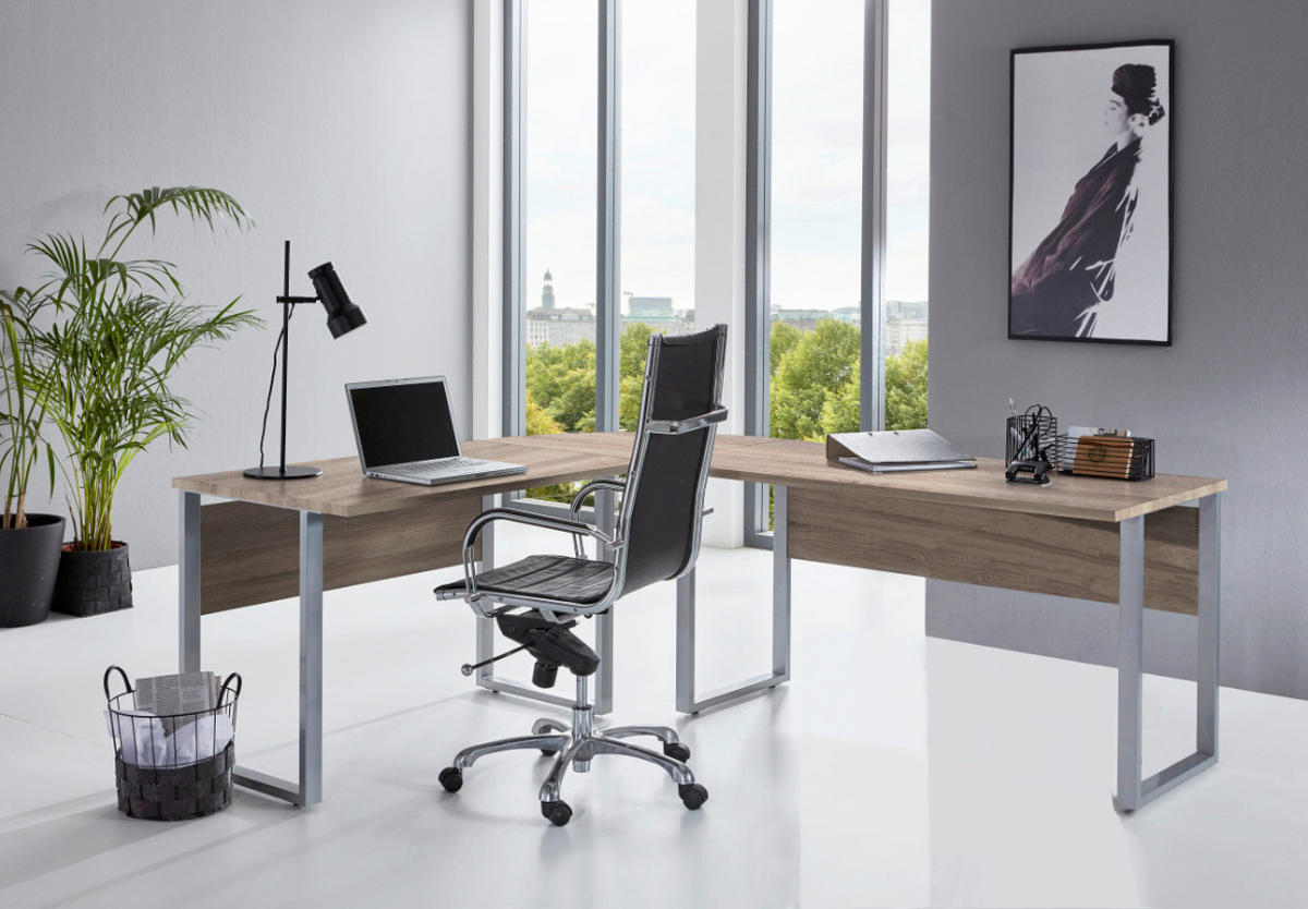 ECKSCHREIBTISCH 205 / 177/77/177 / 205 cm  in Sonoma Eiche  - Silberfarben/Sonoma Eiche, MODERN, Holzwerkstoff/Metall (205 / 177/77/177 / 205cm) - MID.YOU