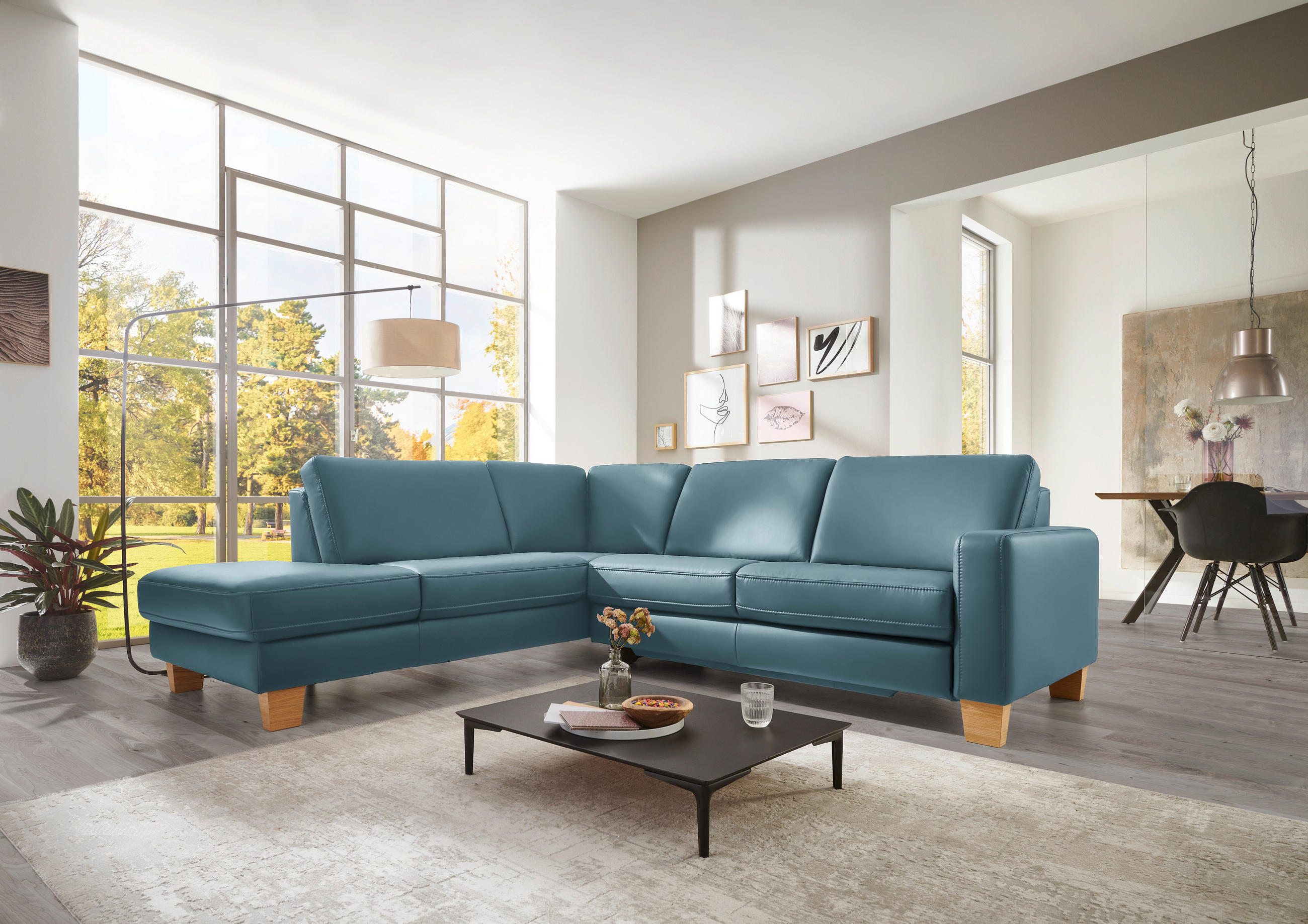 ECKSOFA in Echtleder Blau  - Blau/Eiche Bianco, Natur, Leder/Holz (235/257cm) - Valdera