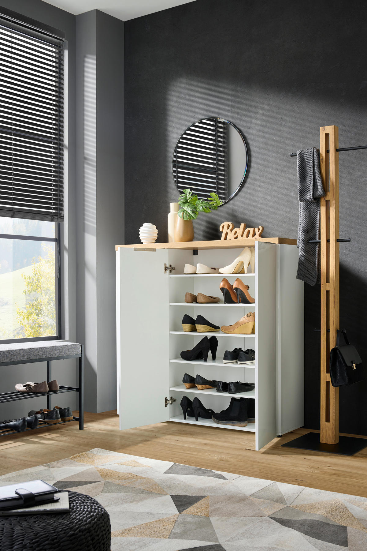 CIPELARNIK  bela, boja hrasta  pločasti materijal     - boja aluminijuma/boja hrasta, Dizajnerski, metal/pločasti materijal (120/115/34cm) - MID.YOU