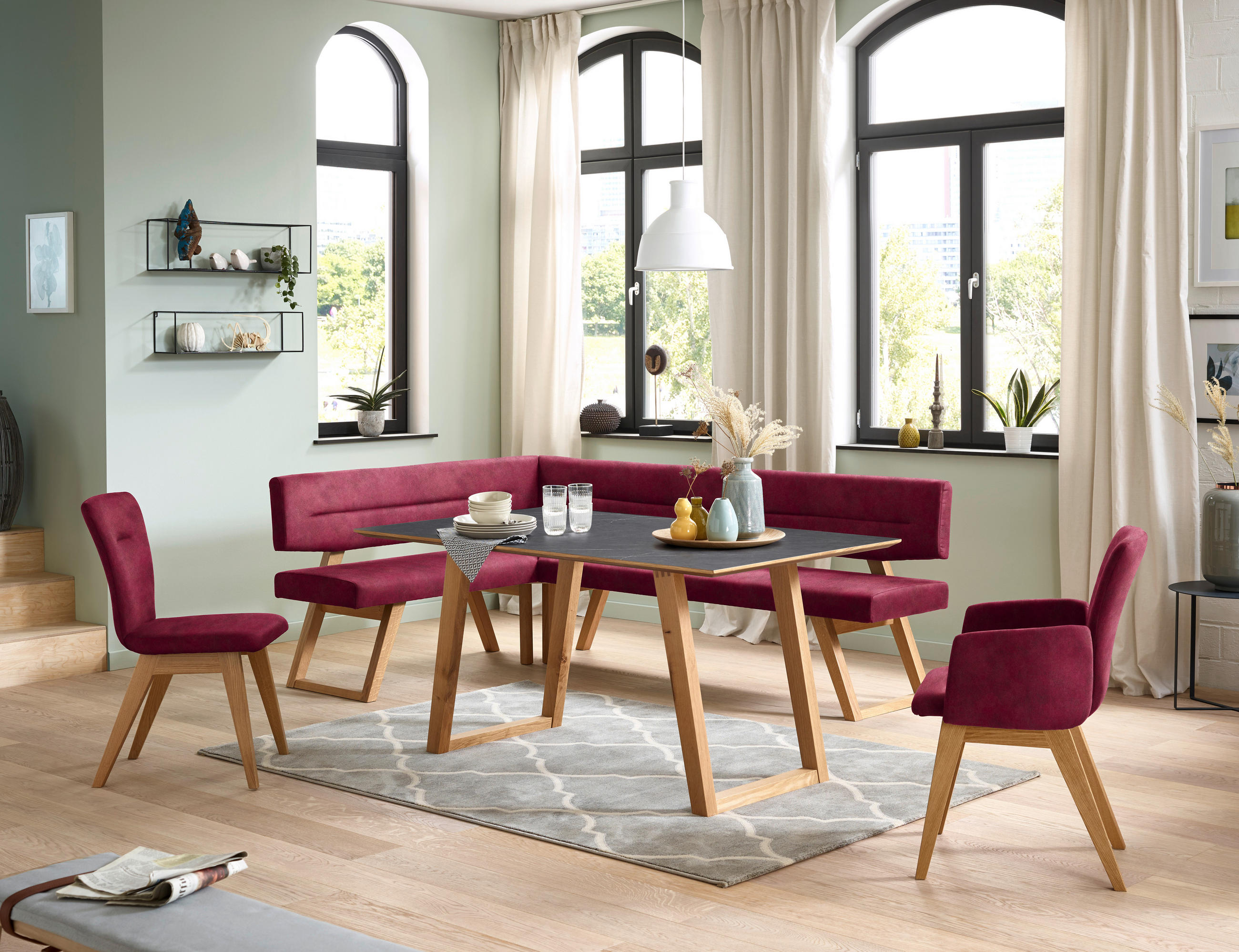 ECKBANK 155/195 cm  in Dunkelrot  - Eichefarben/Dunkelrot, KONVENTIONELL, Holz/Textil (155/195cm) - Dieter Knoll