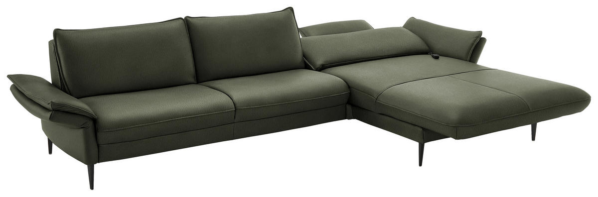 ECKSOFA in Echtleder Dunkelgrün  - Dunkelgrün/Schwarz, Design, Leder/Metall (334/172cm) - Hukla