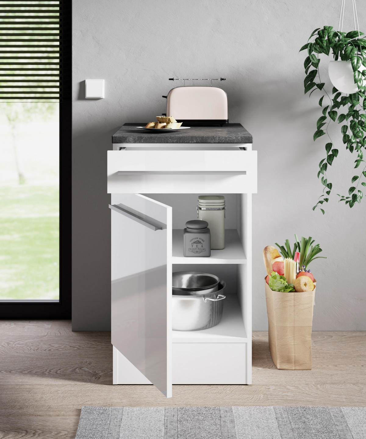 SCHUBKASTENUNTERSCHRANK 50/90/60 cm  in Weiß, Weiß Hochglanz  - Weiß Hochglanz/Anthrazit, Basics, Holzwerkstoff/Kunststoff (50/90/60cm) - P & B