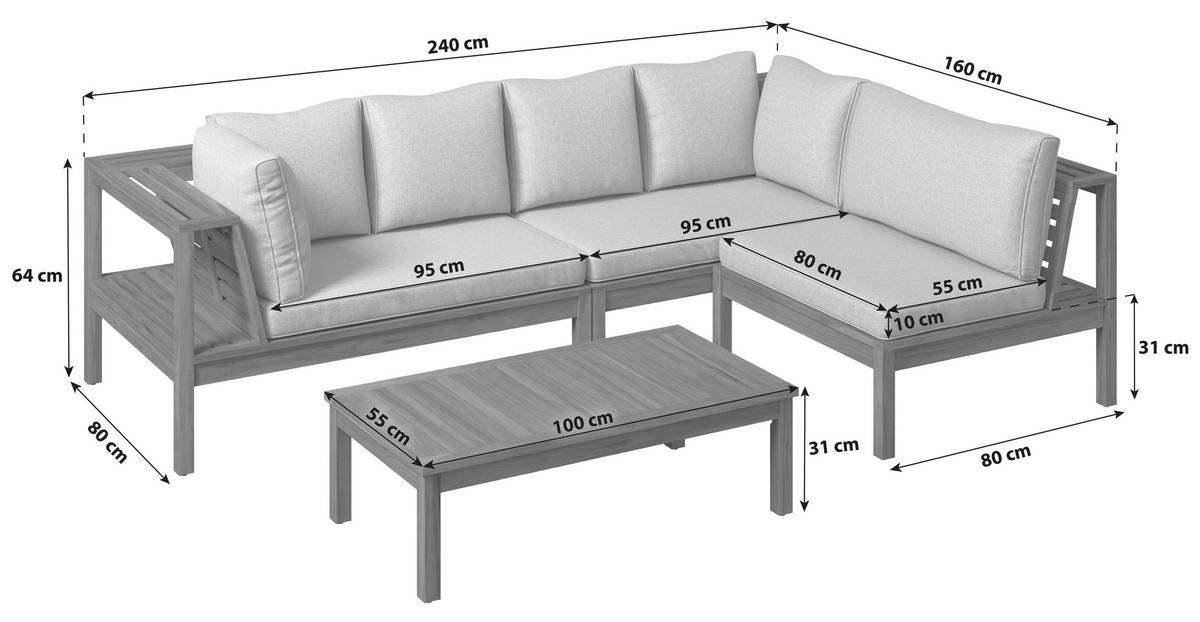 LOUNGEGARNITUR 240/160 cm Akazie teilmassiv  - Grau/Akaziefarben, MODERN, Holz/Kunststoff (240/160cm) - Gardenson