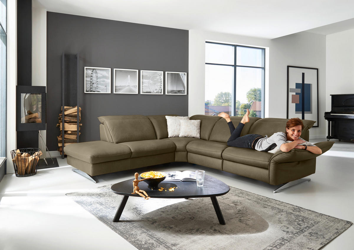 ECKSOFA in Echtleder Mokka  - Edelstahlfarben/Orange, Design, Leder/Metall (258/292cm) - Hukla