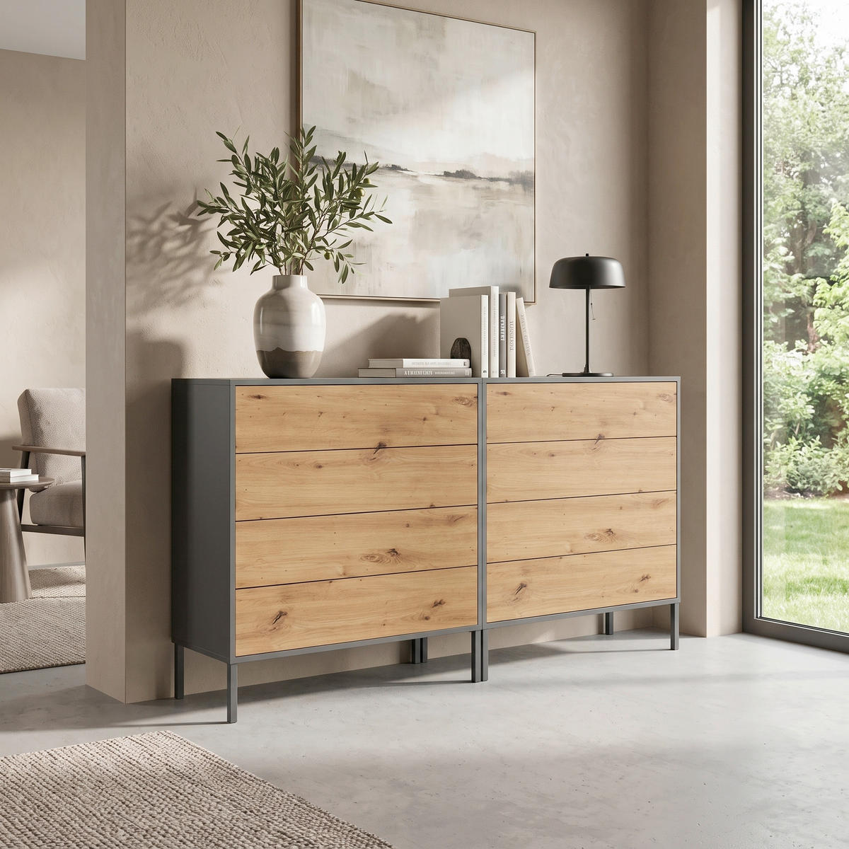 SIDEBOARD Mailand Set 1 + MF 158/86/33 cm 8 Schublade(n)  - Anthrazit/Eiche Artisan, MODERN, Holzwerkstoff/Metall (158/86/33cm) - MID.YOU
