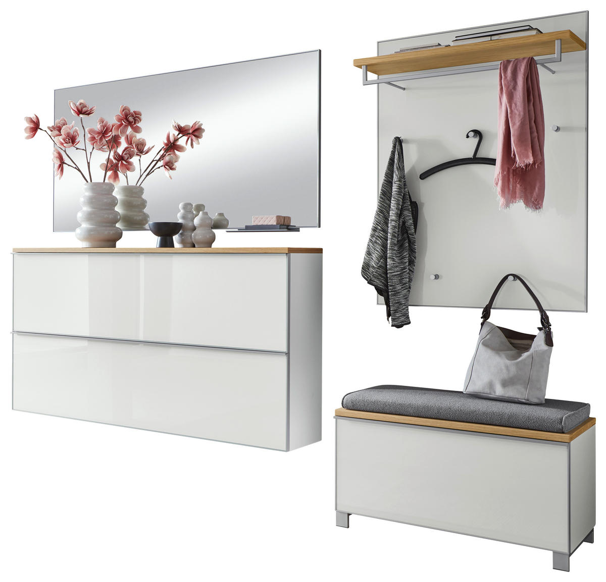 GARDEROBE 6-teilig  in 265/195/40 cm  - Weiss/Alufarben, Design, Glas/Holz (265/195/40cm)