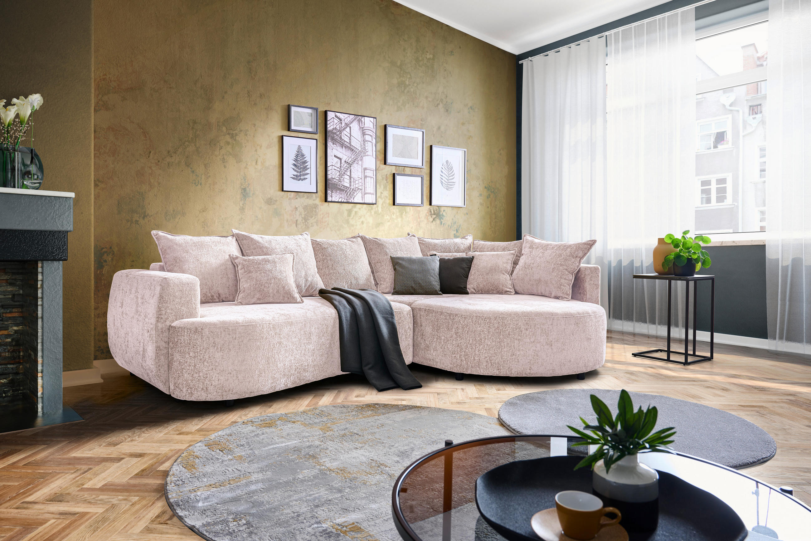 ECKSOFA in Chenille Beige  - Beige/Schwarz, Design, Kunststoff/Textil (307/194cm) - Carryhome