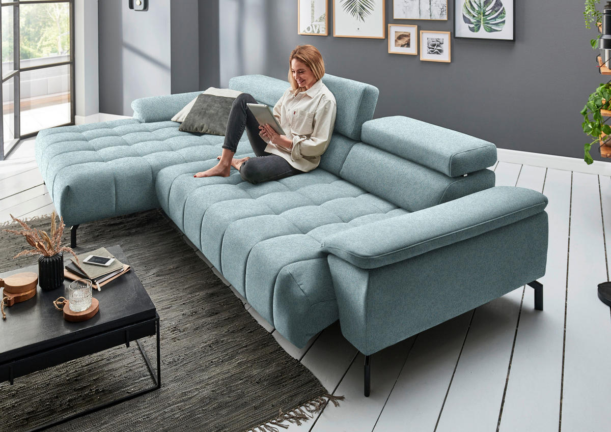 ECKSOFA in Chenille Hellblau  - Schwarz/Hellblau, Design, Textil/Metall (190/329cm) - Beldomo Style