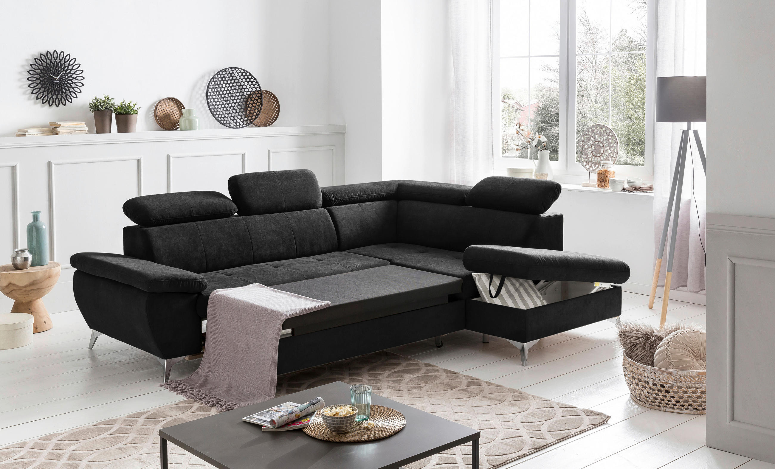 ECKSOFA Schwarz Mikrofaser  - Chromfarben/Schwarz, KONVENTIONELL, Textil/Metall (256/209cm) - Livetastic