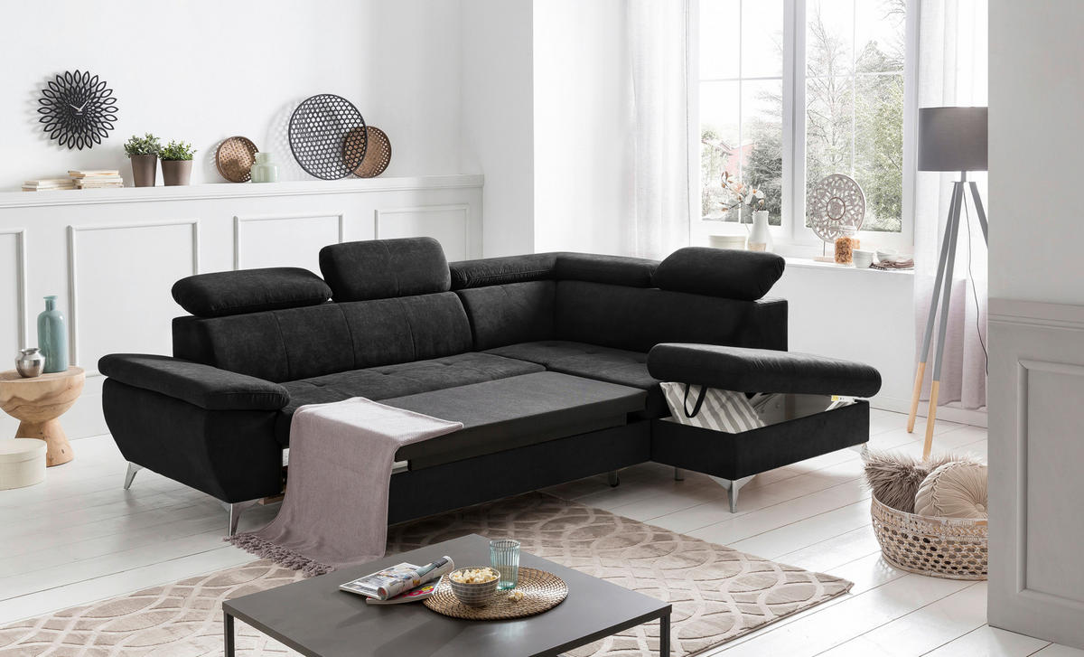 ECKSOFA in Mikrofaser Schwarz  - Chromfarben/Schwarz, Konventionell, Textil/Metall (256/209cm) - Livetastic