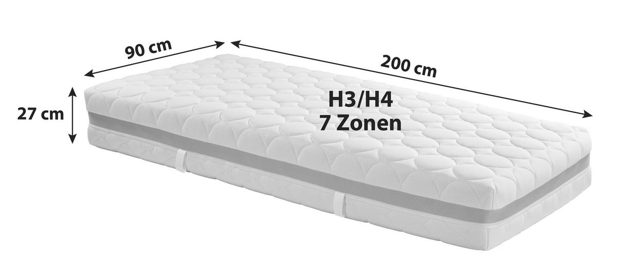 Komfortschaummatratze 90/200 cm, Höhe ca.: 27 cm, H3 + H4 = fest + sehr fest, 7-Zonen - Weiß, Textil (90/200cm) - Primatex Deluxe