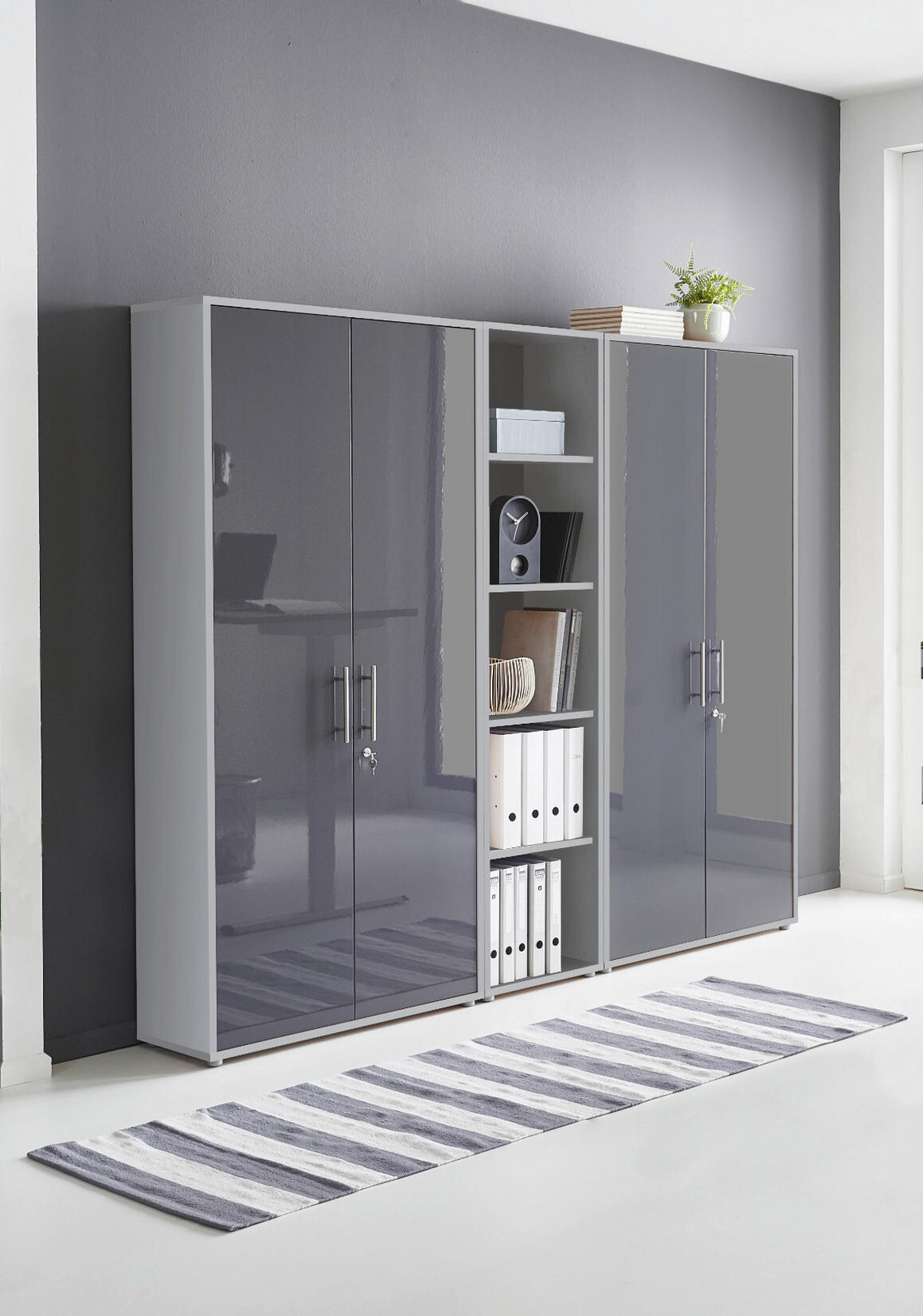 BÜRO erweiterbar, abschließbar Grau, Anthrazit Hochglanz - Anthrazit Hochglanz/Grau, MODERN, Holzwerkstoff/Metall - MID.YOU