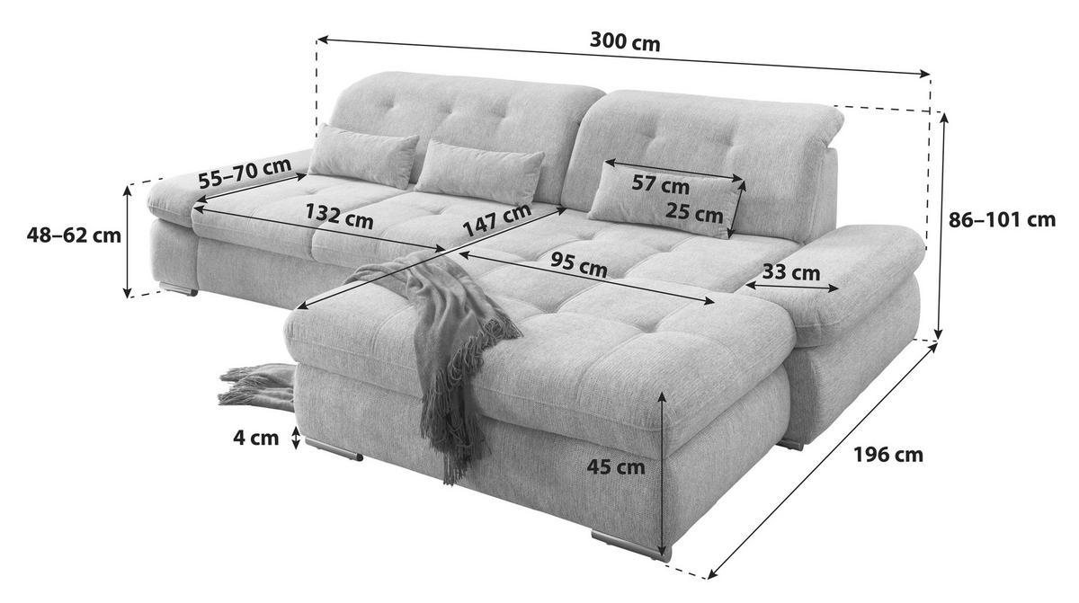 ECKSOFA Blau Chenille  - Chromfarben/Blau, Design, Textil/Metall (300/196cm) - Livetastic