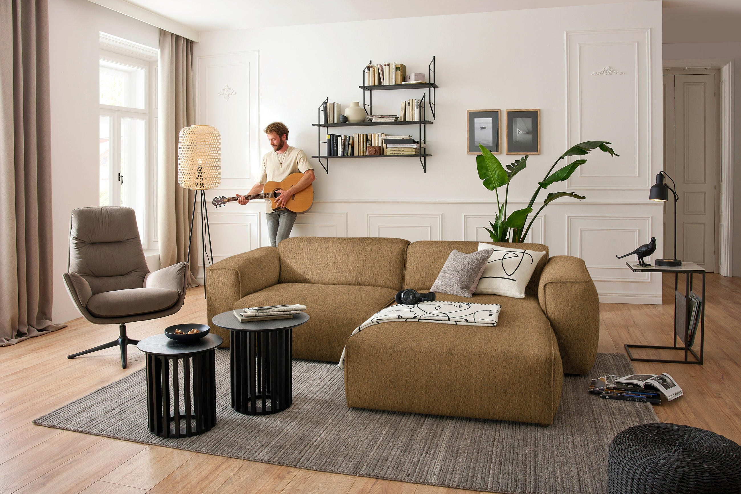 ECKSOFA in Webstoff Senfgelb  265/171 cm  - Senfgelb/Schwarz, Design, Kunststoff/Textil (265/171cm) - home24