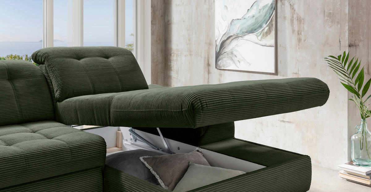 ECKSCHLAFSOFA in Cord Dunkelgrün  - Dunkelgrün/Schwarz, Modern, Textil/Metall (273/189cm) - Livetastic