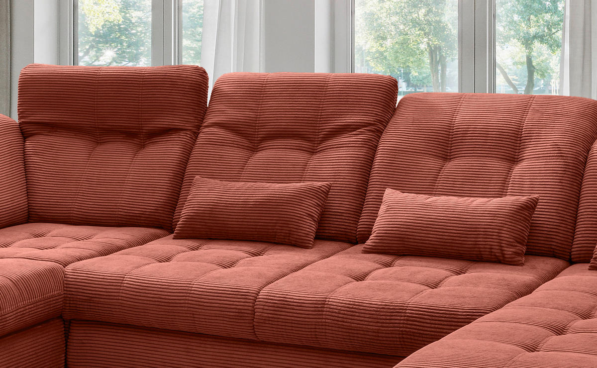 WOHNLANDSCHAFT in Cord Koralle  - Koralle/Schwarz, Modern, Textil/Metall (252/387/184cm) - Livetastic