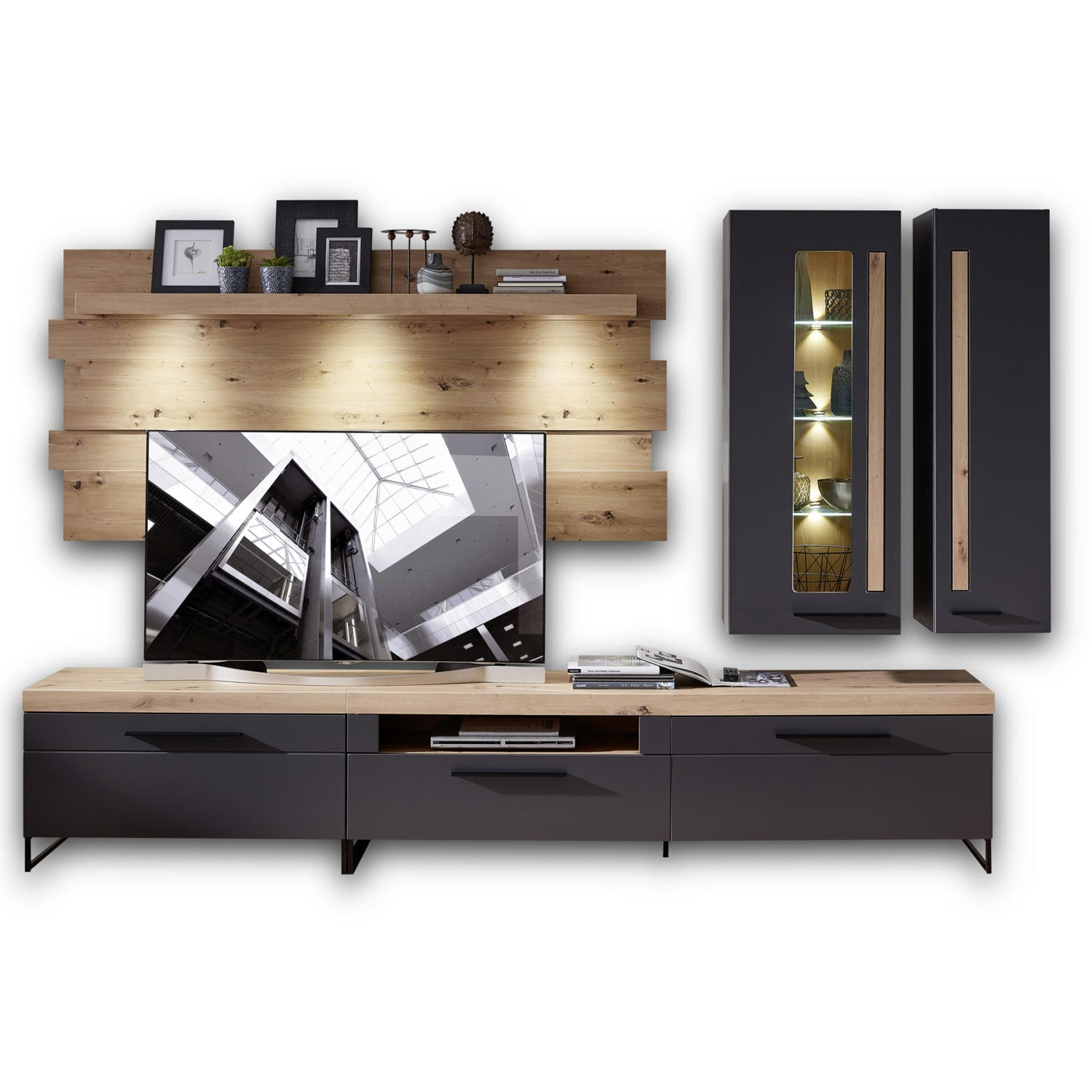WOHNWAND Graphitfarben, Eichefarben Beleuchtung, Einlegeböden - Eichefarben/Graphitfarben, MODERN, Glas/Holzwerkstoff (314/201/44cm) - Livetastic