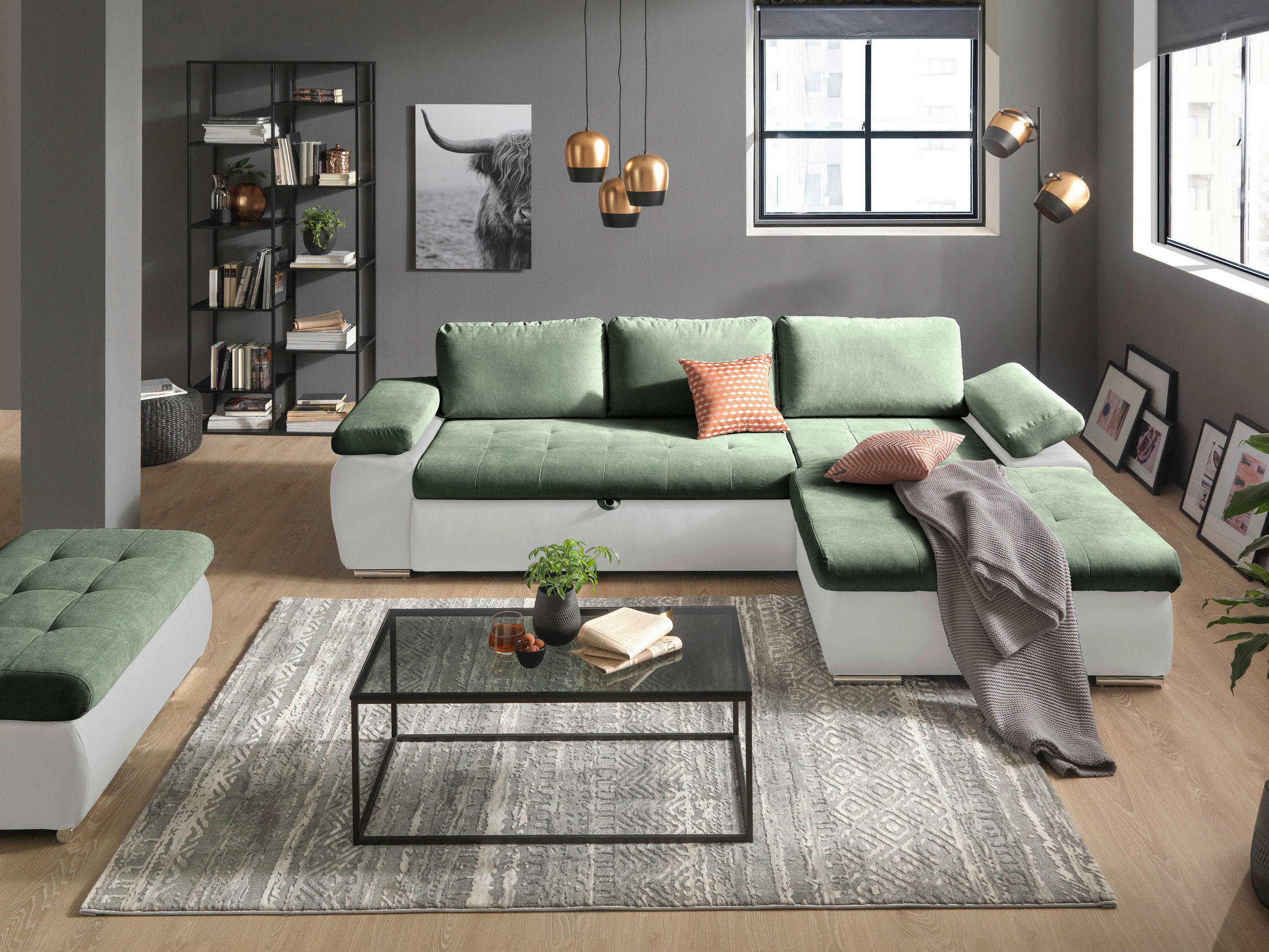 ECKSOFA in Flachgewebe Weiß, Olivgrün  271/175 cm  - Weiß/Olivgrün, Design, Kunststoff/Textil (271/175cm) - Xora