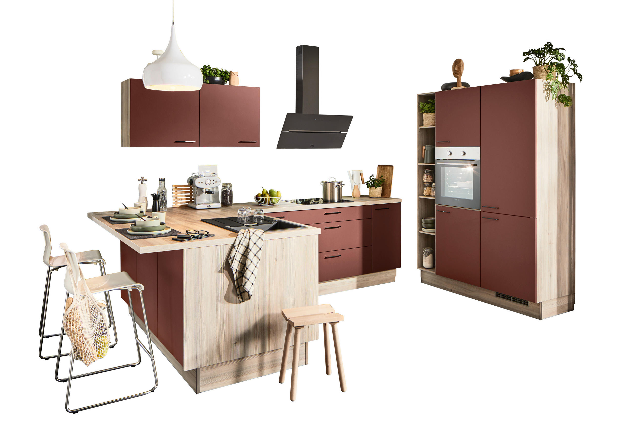 ECKKÜCHE  in Rot, Tannenholzfarben  - Rot/Tannenholzfarben, Design, Holzwerkstoff/Metall (121,6/280/150cm) - Xora