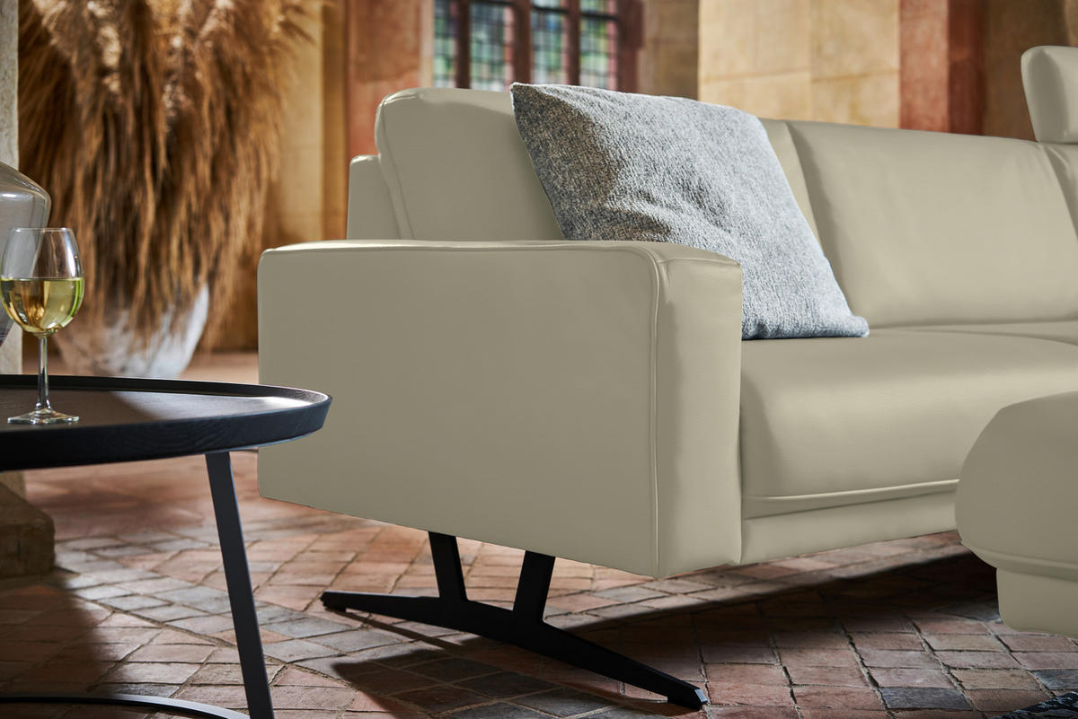ECKSOFA in Echtleder Ecru  - Ecru/Anthrazit, Konventionell, Leder/Metall (324/179cm) - Johann Jakob