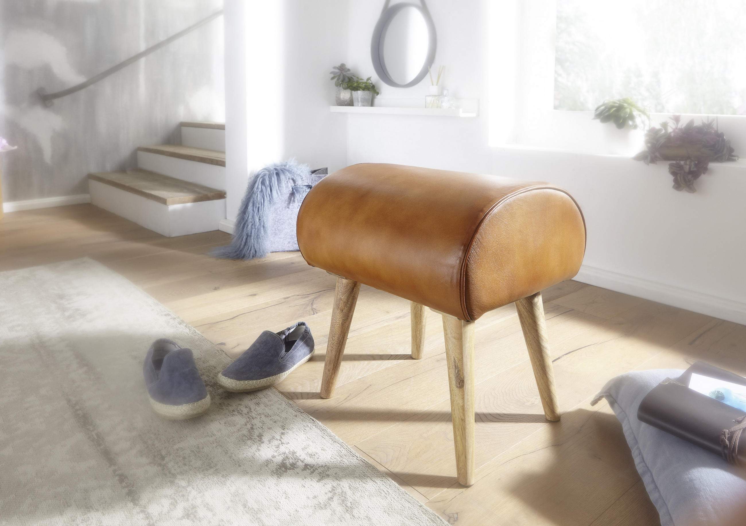 HOCKER Echtleder Braun  - Naturfarben/Braun, MODERN, Leder/Holz (45/53/40cm) - MID.YOU