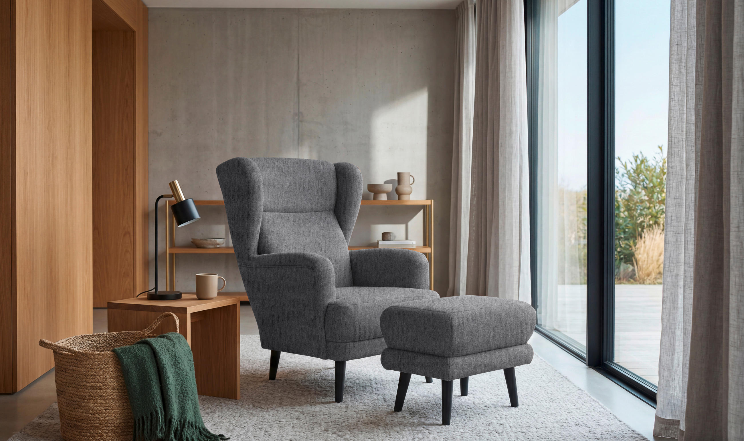 HOCKER MINA Mikrovelours Anthrazit  - Anthrazit/Schwarz, MODERN, Holz/Textil (63/43/42cm) - MID.YOU