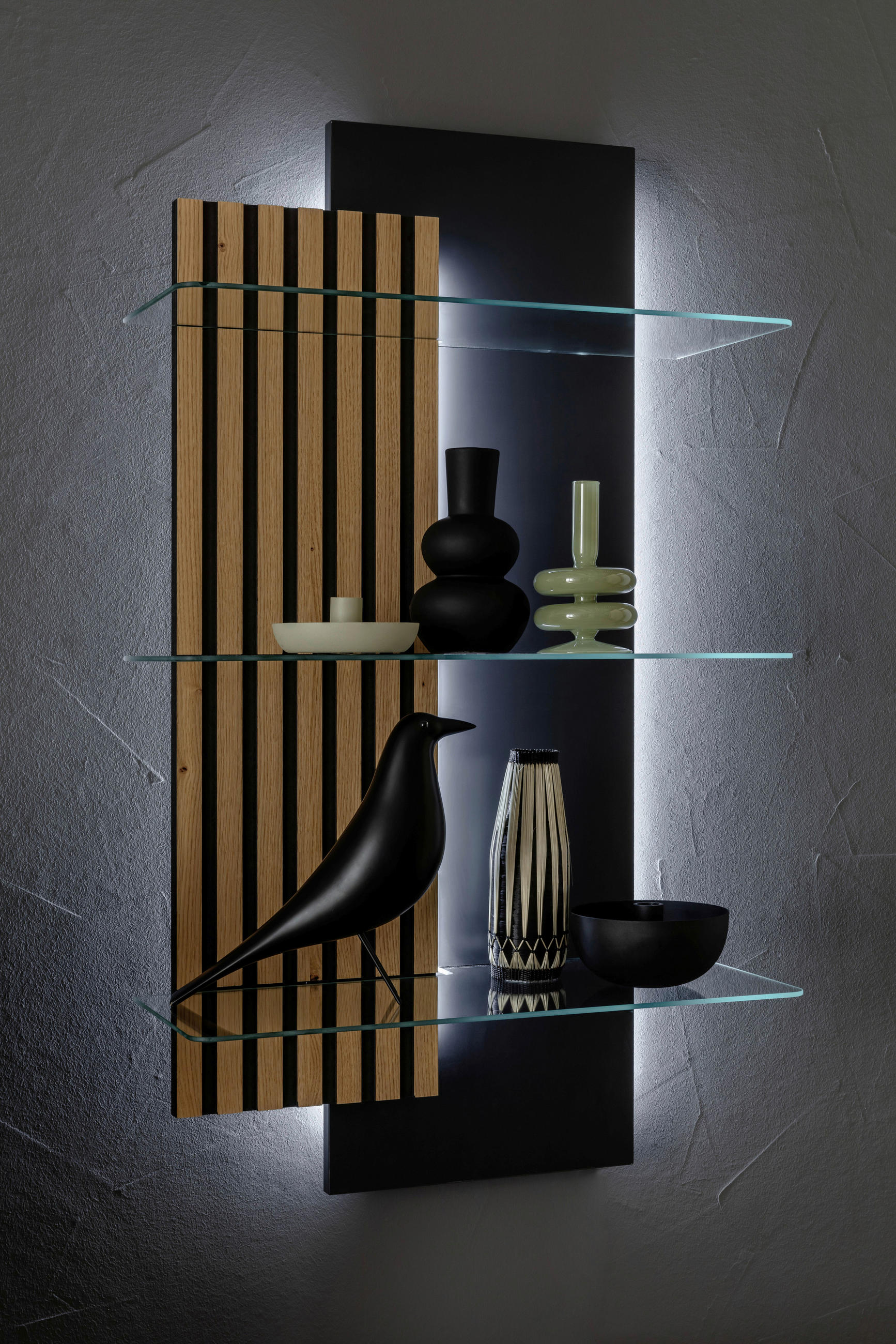 Thumbnail - Moderano Wandregal, Anthrazit, Wildeiche, Holzwerkstoff, Glas, furniert, 60x108x28 cm, Küchen, Küchenmöbel, Küchenregale