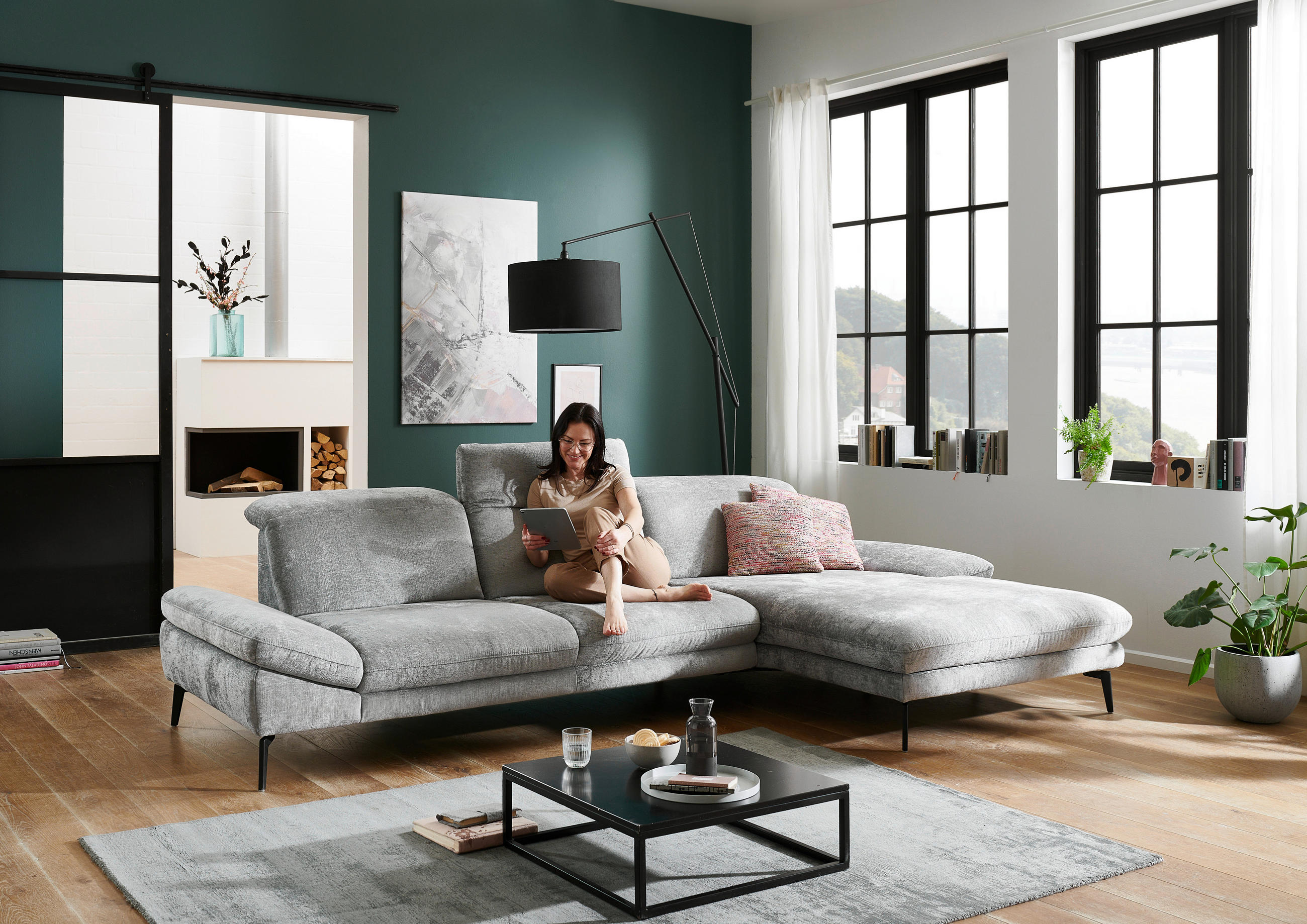 ECKSOFA Grau Chenille  - Schwarz/Grau, Design, Textil/Metall (319/188cm) - Beldomo System