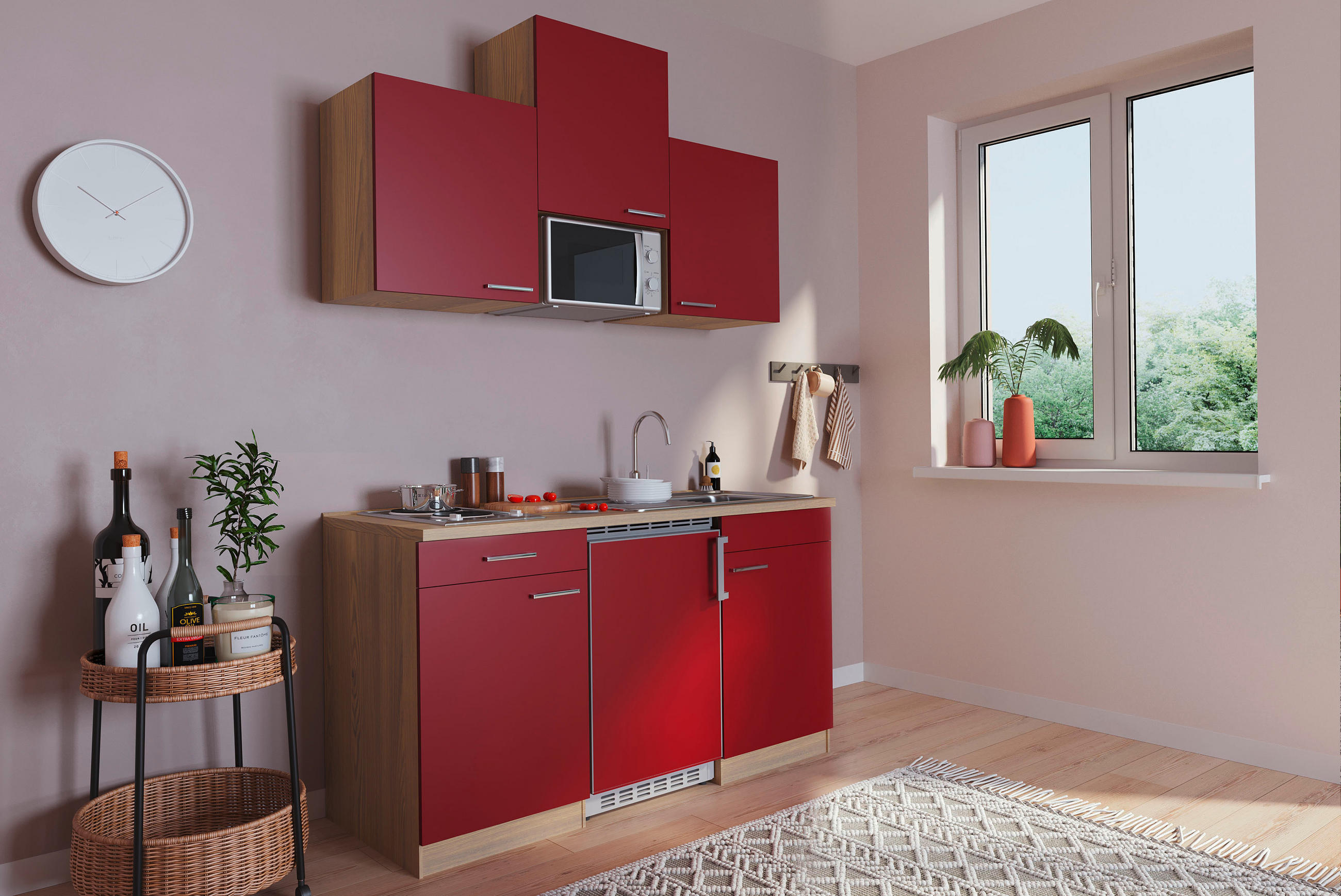 MINIKÜCHE 150 cm Rot, Eichefarben E-Geräte, Spüle - Eichefarben/Rot, Basics (150cm) - Respekta