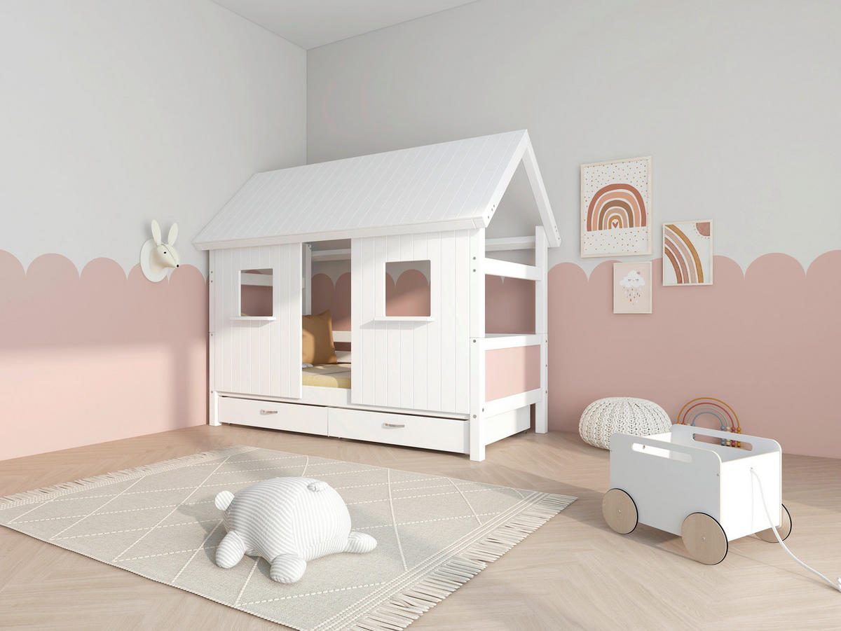 HAUSBETT 90/200 cm,  in Rosa, Weiß, Rollrost, Bettschublade  - Rosa/Weiß, MODERN, Holz (90/200cm) - Chameo