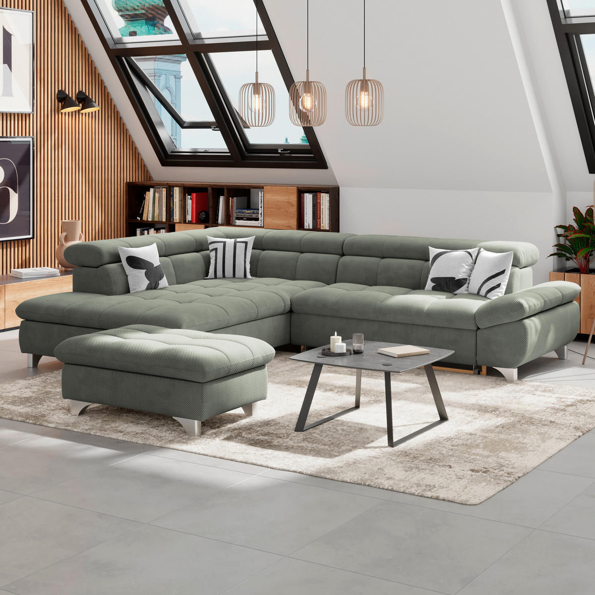 ECKSOFA Grün Chenille  - Chromfarben/Grün, KONVENTIONELL, Textil/Metall (234/312cm) - Livetastic