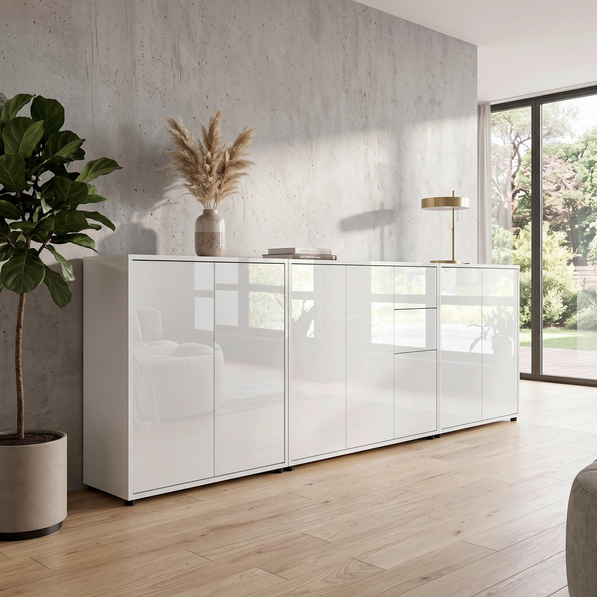 SIDEBOARD Mailand Set 6 263,5/73/33 cm 2 Schublade(n)  - Weiß Hochglanz/Schwarz, MODERN, Holzwerkstoff/Kunststoff (263,5/73/33cm) - MID.YOU
