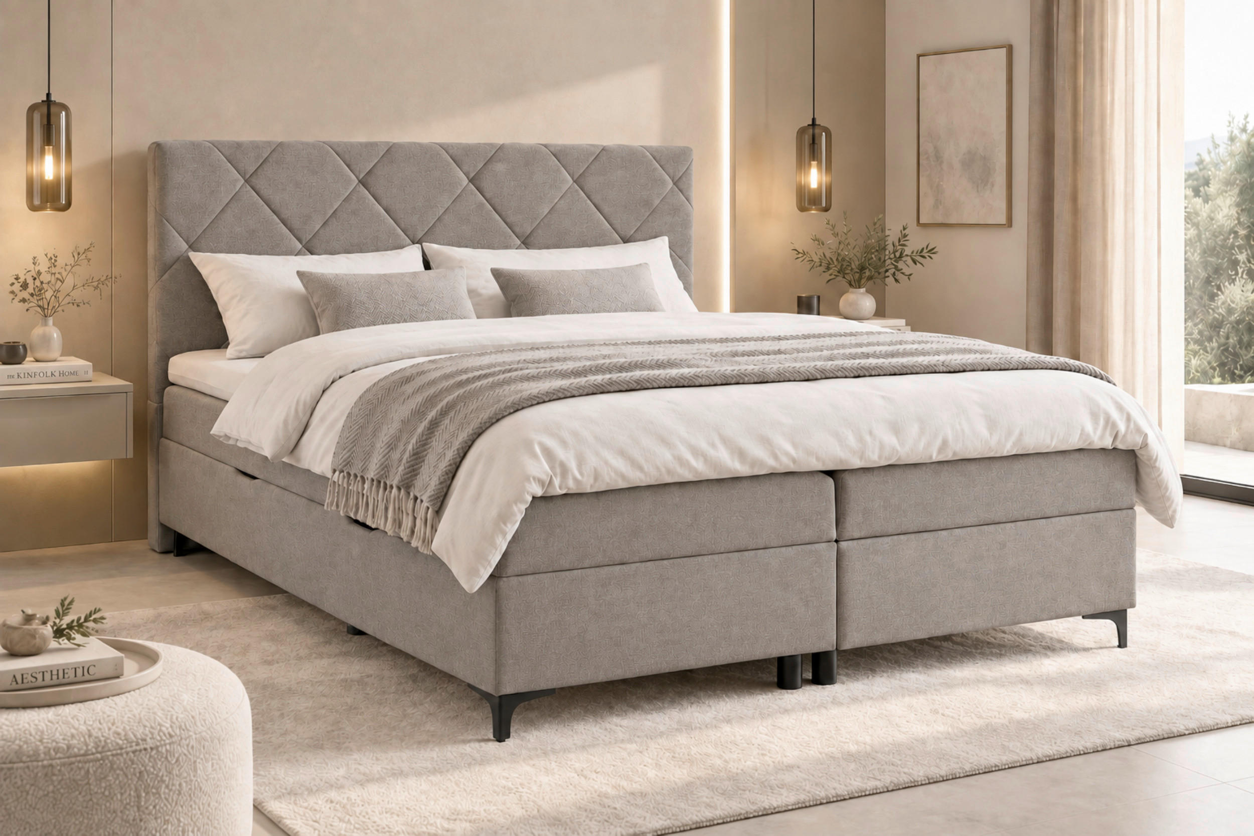 BOXBETT 180/200 cm,  in Taupe, Bettkasten, Topper, H3 + H3 = fest  - Taupe/Schwarz, MODERN, Holz/Textil (180/200cm) - MID.YOU