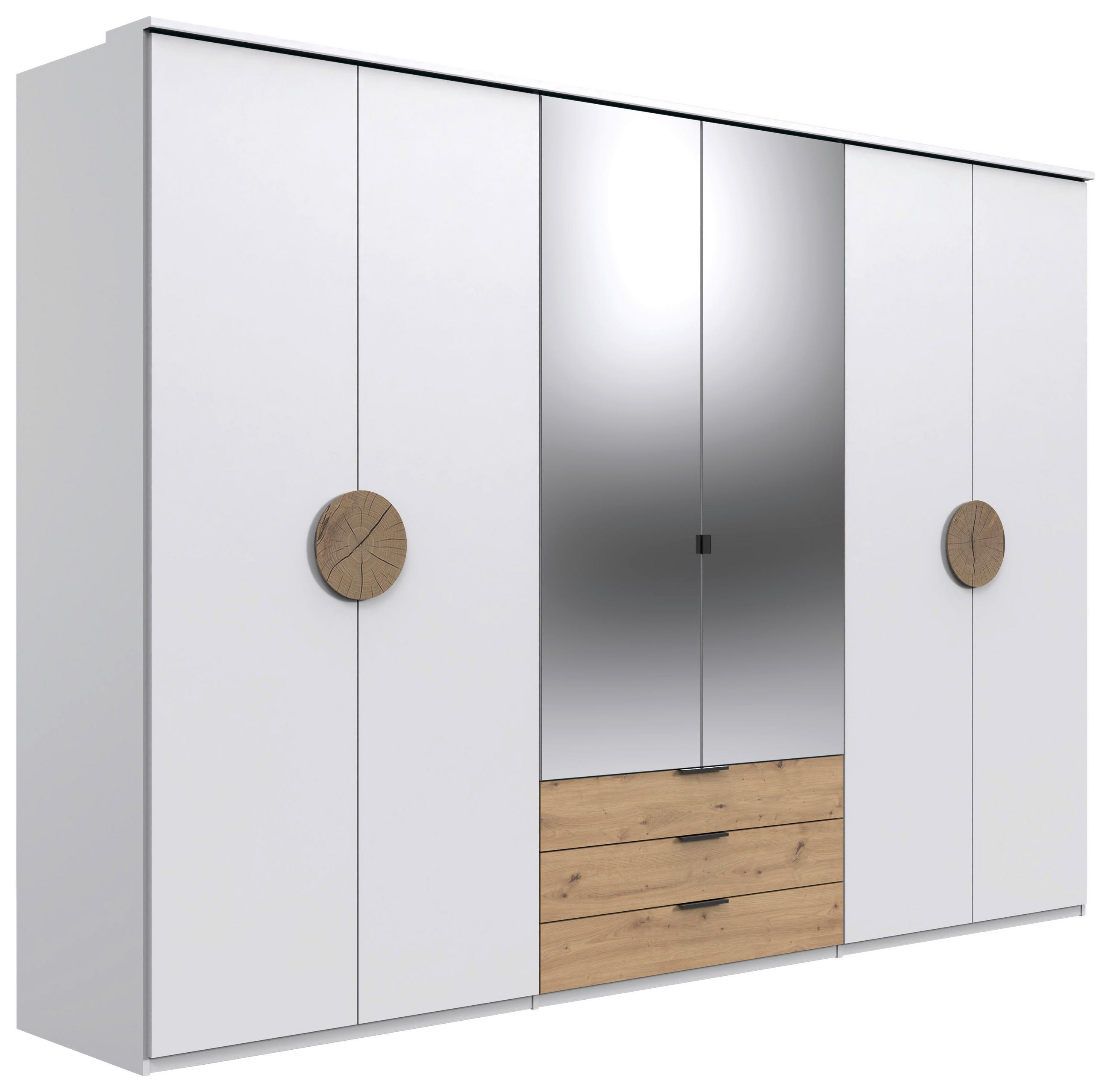 KLEIDERSCHRANK 270/210/58 cm 6-türig Weiß, Eichefarben  - Eichefarben/Weiß, Design, Glas/Holzwerkstoff (270/210/58cm) - MID.YOU