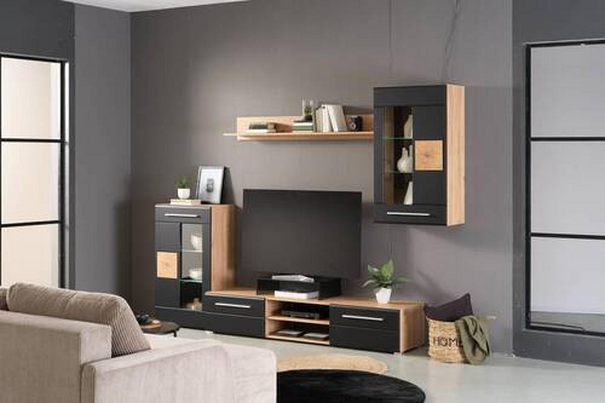 REGAL ZA DNEVNI BORAVAK crna, hrast Artisan   - srebrne boje/hrast Artisan, Moderno, staklo/drvni materijal (240/190/43cm) - Ti'me