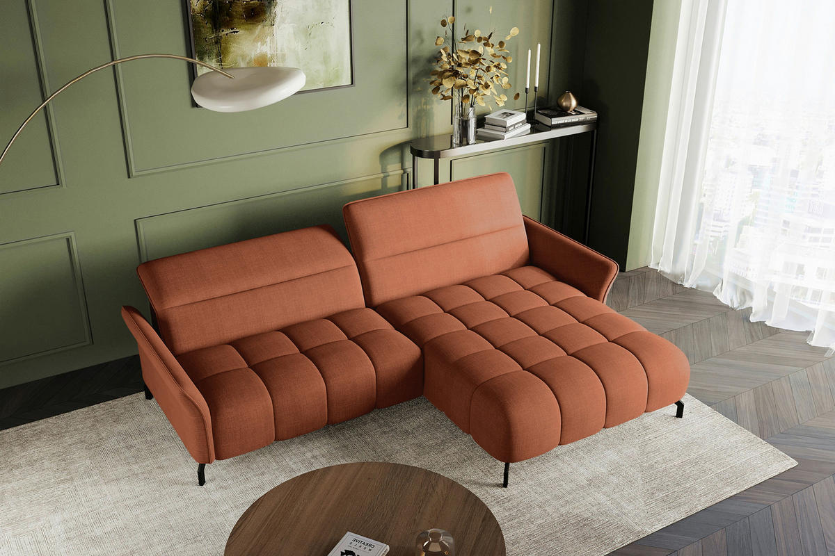 ECKSOFA Rostfarben Flachgewebe Rücken echt, Kopfteilverstellung, Sitztiefenverstellung  - Rostfarben/Schwarz, KONVENTIONELL, Textil/Metall (272/175cm) - Carryhome