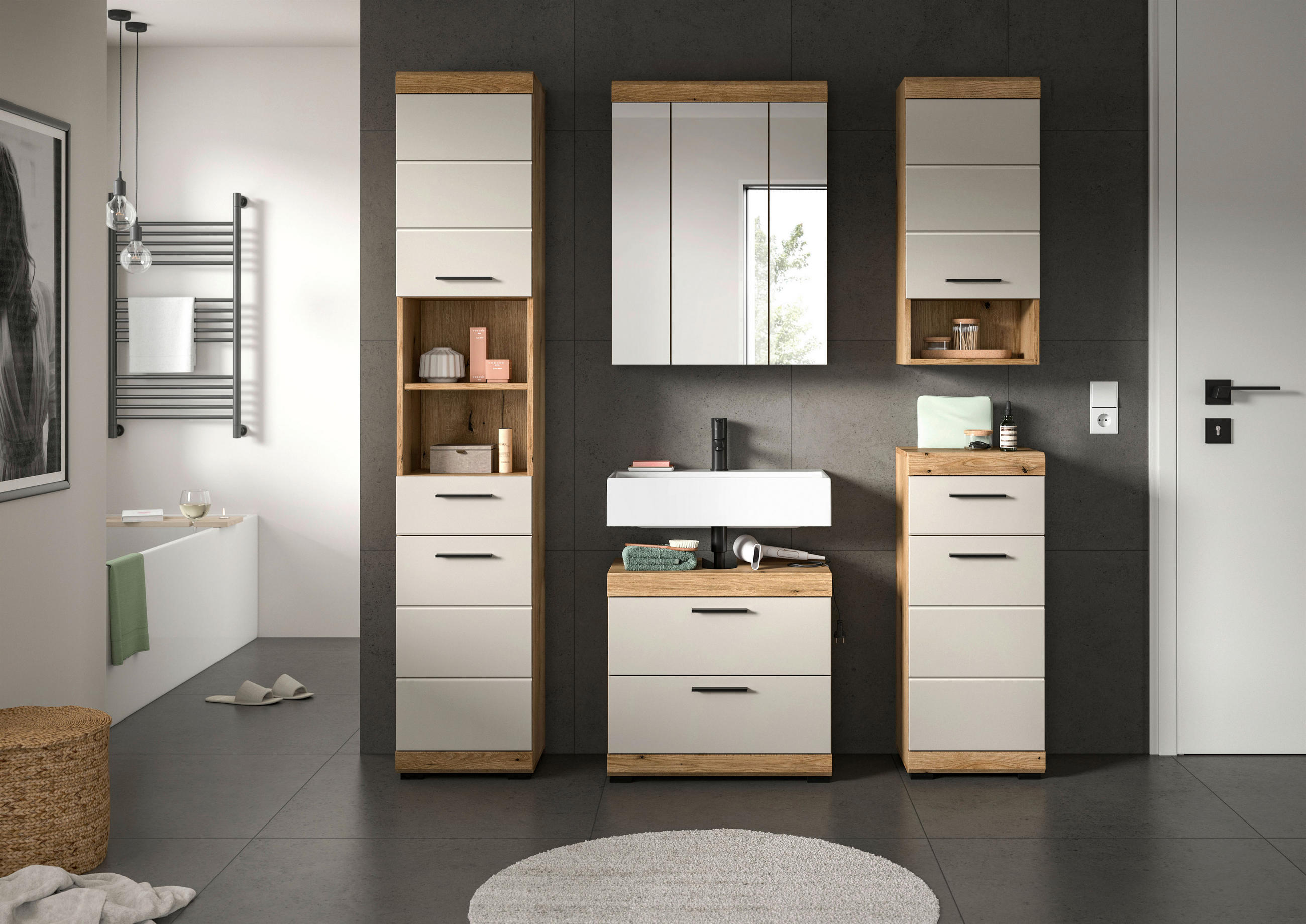 BADEZIMMER 5-teilig  in 134 cm  - Kaschmir/Schwarz, MODERN, Glas/Holzwerkstoff (134cm) - MID.YOU