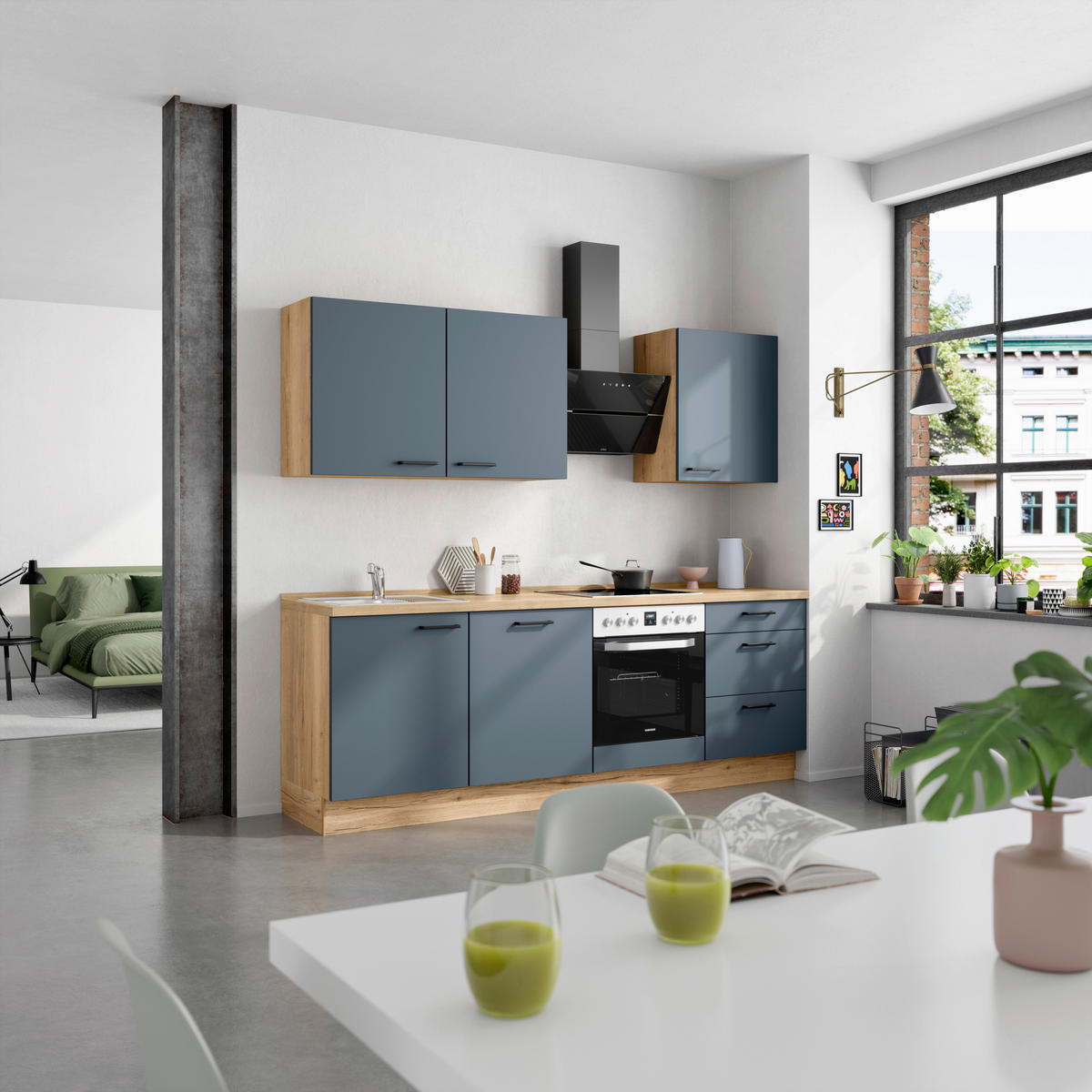 KÜCHENBLOCK Easytouch 240 cm  in Eichefarben, Dunkelblau  - Eichefarben/Schwarz, MODERN, Holzwerkstoff/Metall (240cm) - Nobilia