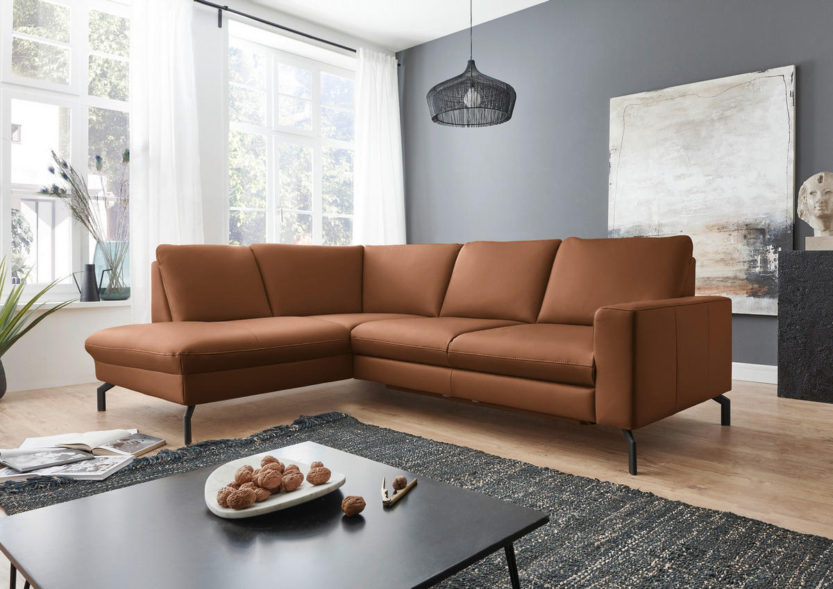 ECKSOFA Beldomo Premium in Echtleder Hellbraun  194/250 cm  - Hellbraun/Schwarz, Design, Leder/Metall (194/250cm) - Beldomo Premium