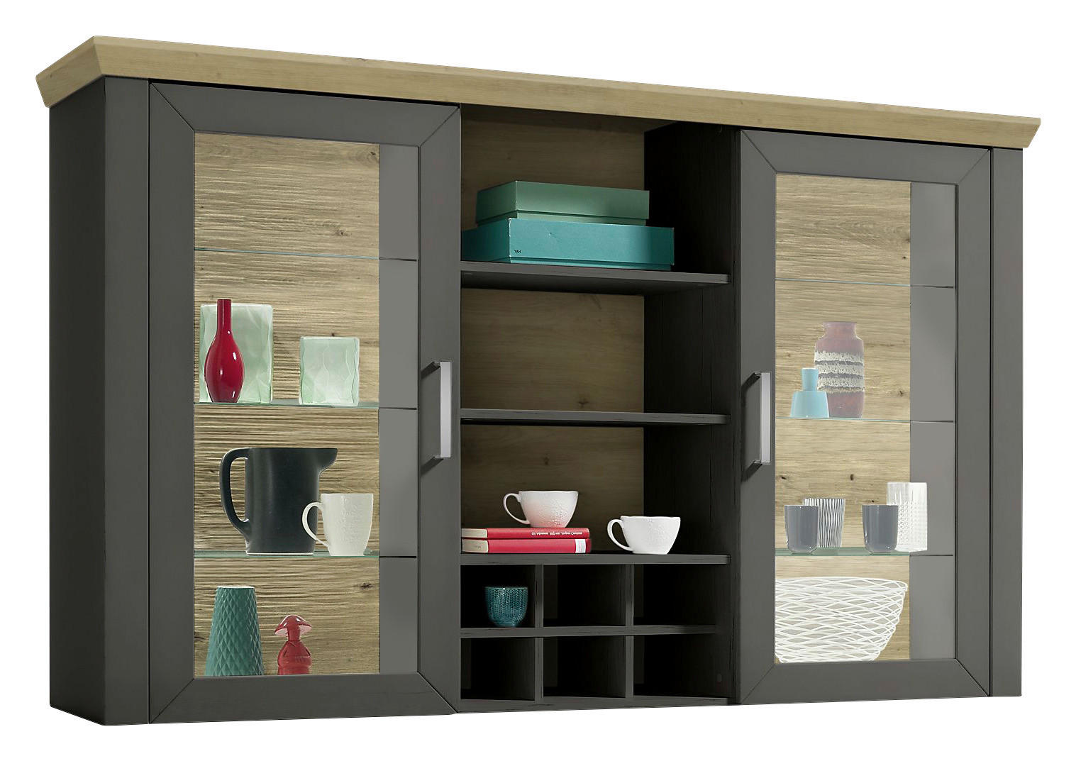 AUFSATZSCHRANK Graphitfarben, Eiche Artisan - Graphitfarben/Eiche Artisan, Design, Glas/Holzwerkstoff (184,1/112/44,2cm) - SetOne by Musterring
