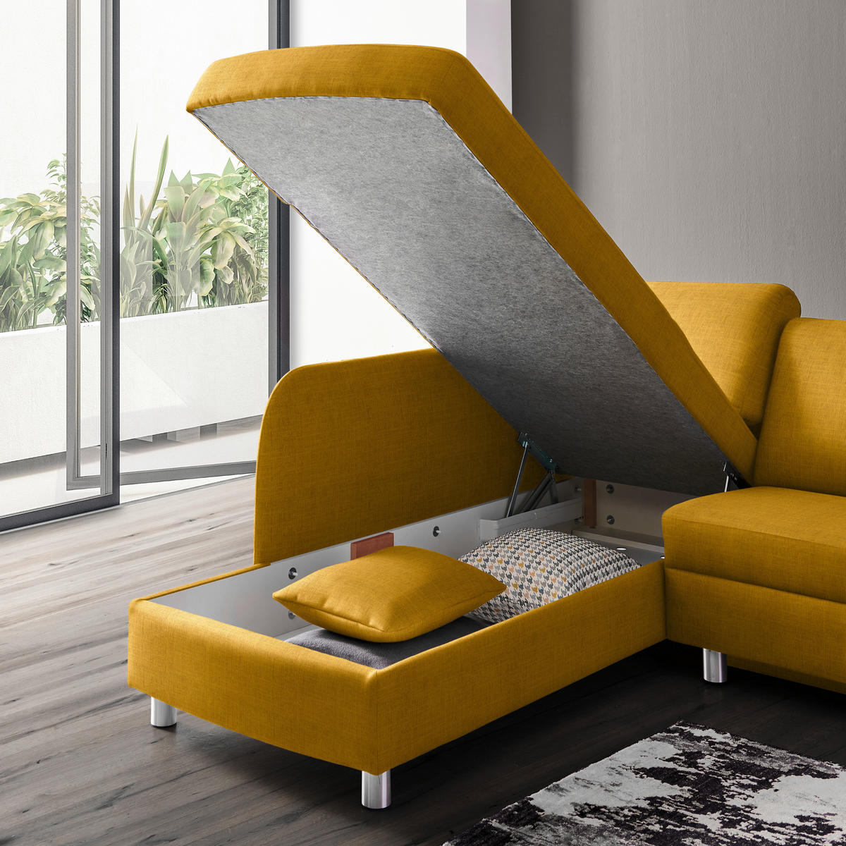 ECKSOFA in Chenille Gelb  208/227 cm  - Gelb/Alufarben, KONVENTIONELL, Textil/Metall (208/227cm) - Sedda