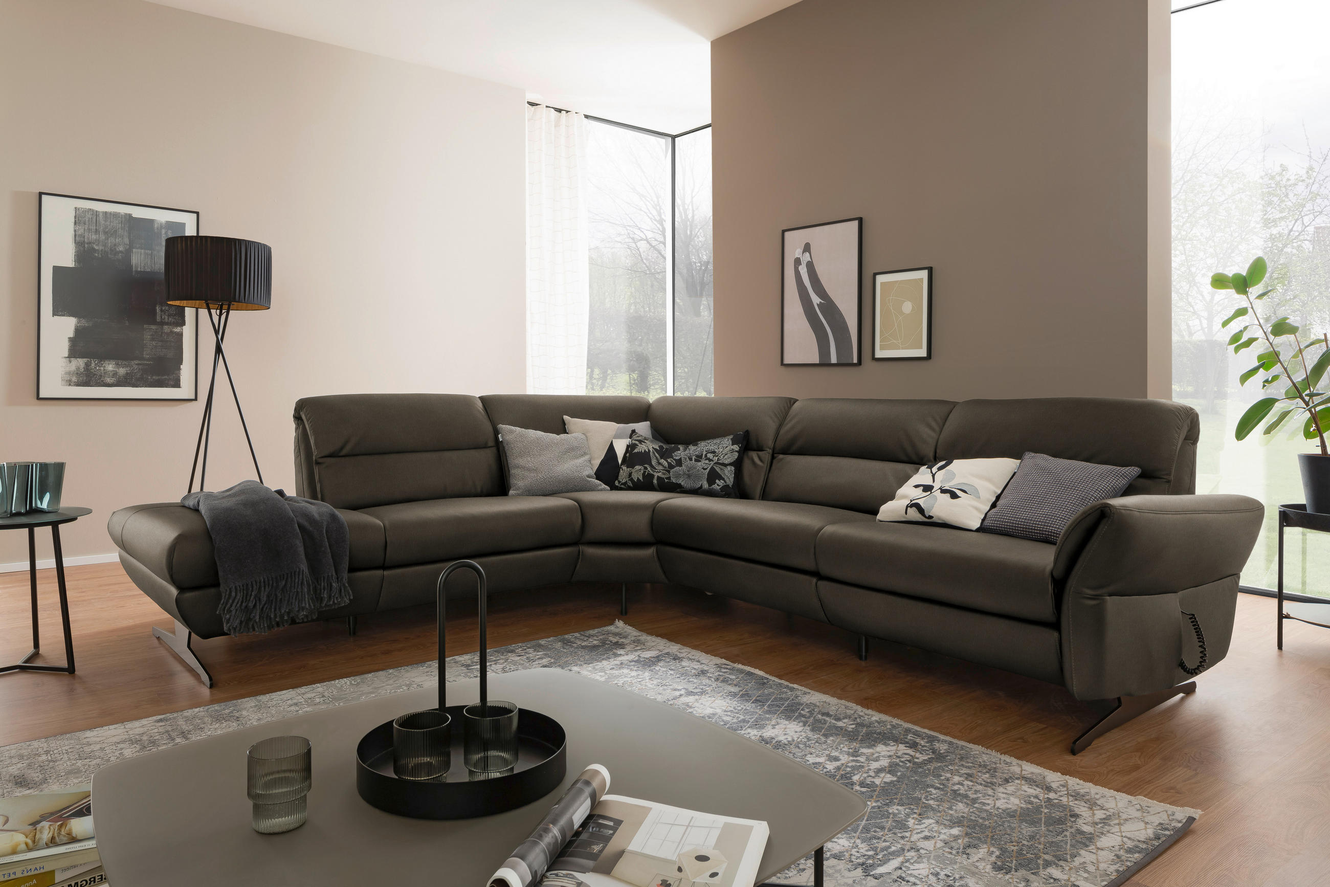 ECKSOFA in Echtleder Graubraun  258/286 cm  - Graubraun/Schwarz, Design, Leder/Metall (258/286cm) - Schöner Wohnen