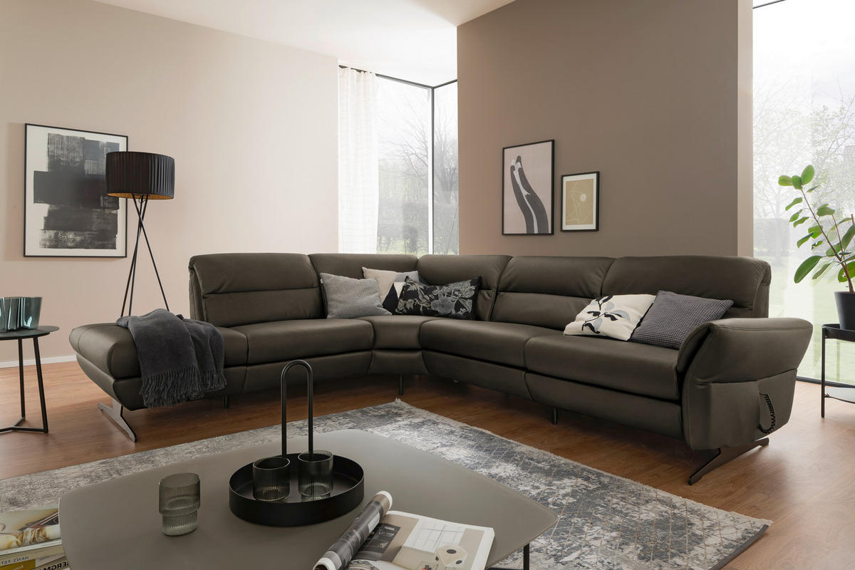 ECKSOFA in Echtleder Graubraun  258/286 cm  - Graubraun/Schwarz, Design, Leder/Metall (258/286cm) - Schöner Wohnen