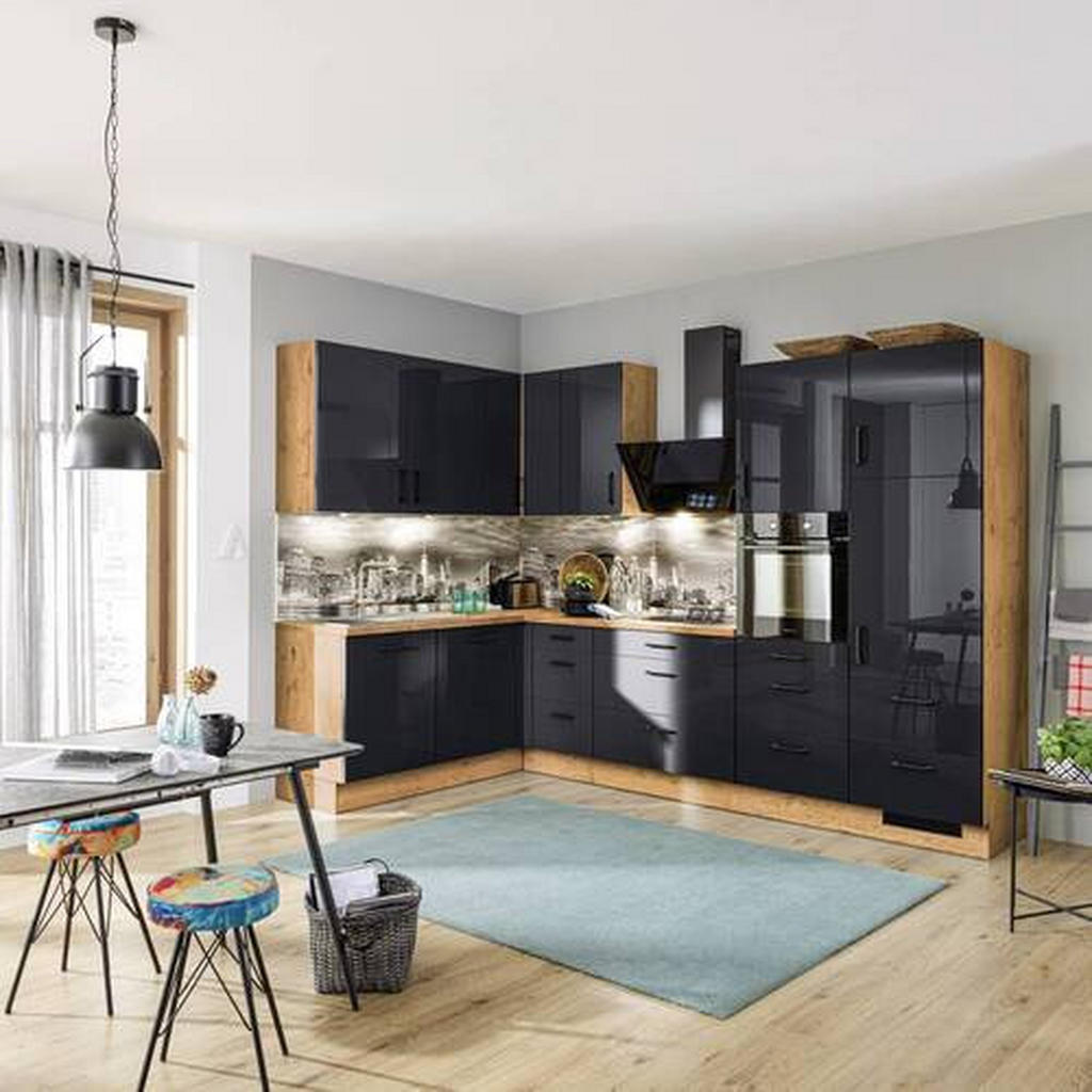 Eckküche 158x320 cm Schwarz Hochglanz