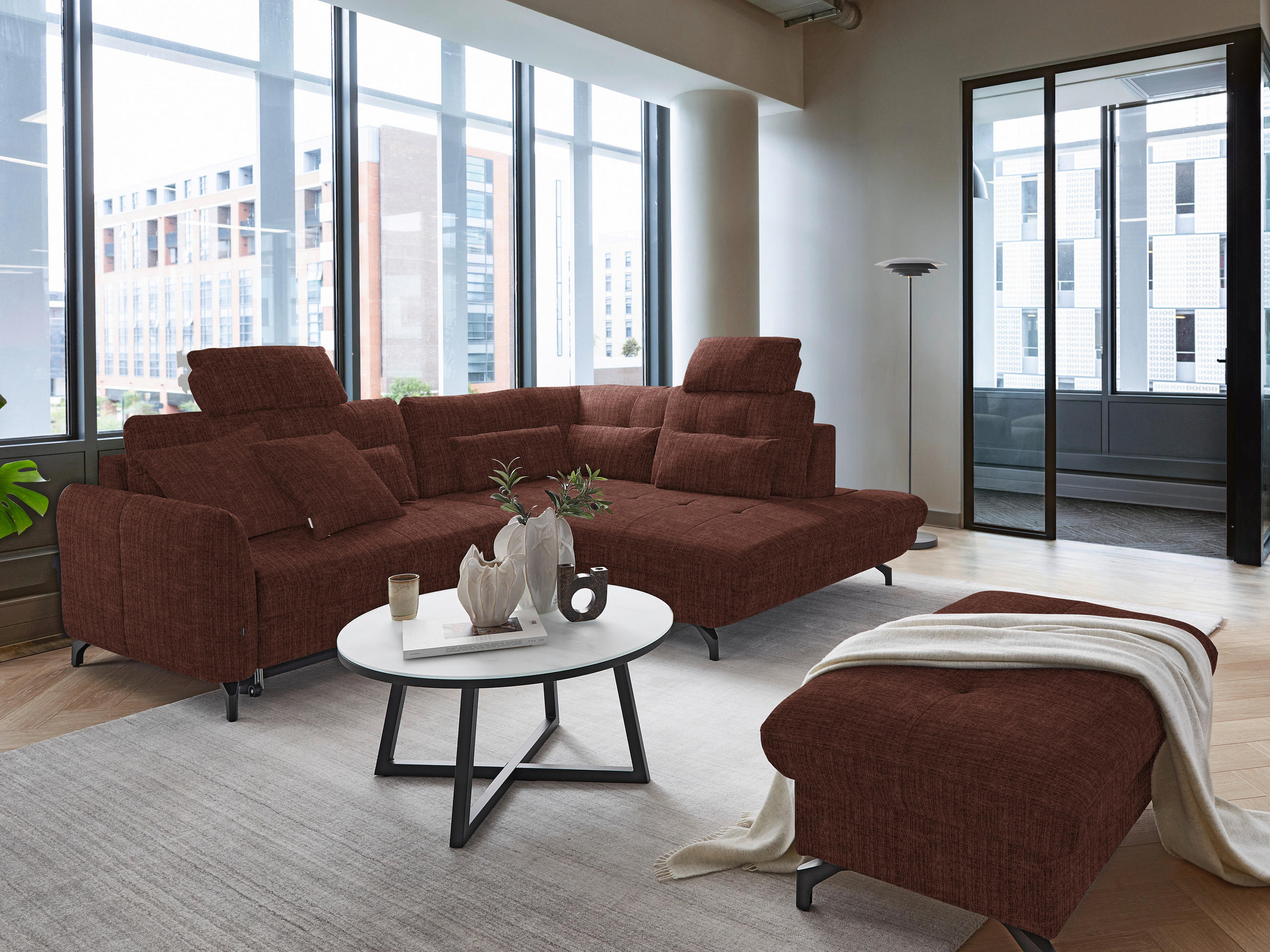 ECKSOFA in Flachgewebe, Leinenoptik Rotbraun - Rotbraun/Schwarz, Modern, Textil/Metall (247/208cm) - Xora