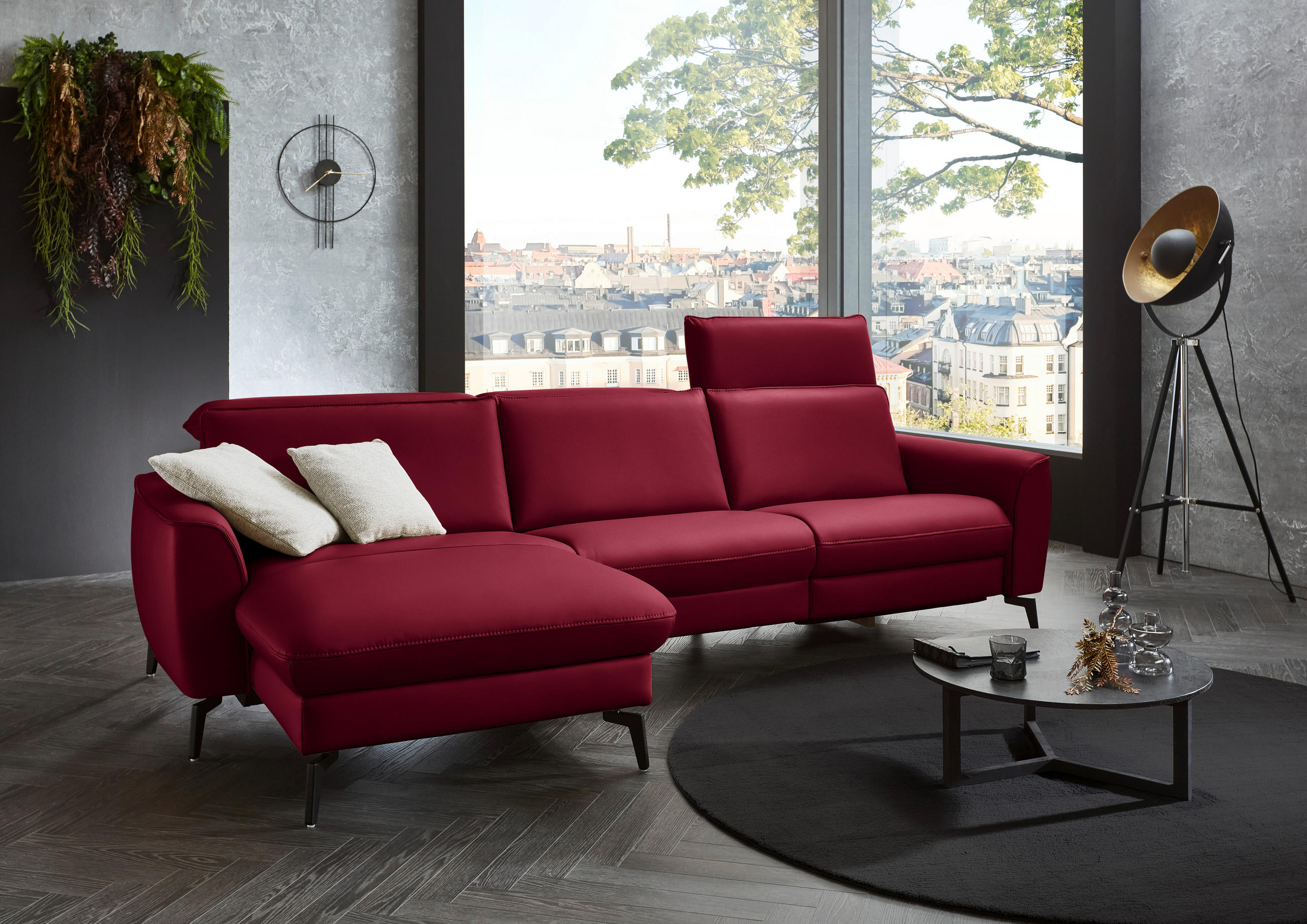 ECKSOFA in Echtleder Rot  - Rot/Schwarz, Natur, Leder/Metall (168/281cm) - Valdera